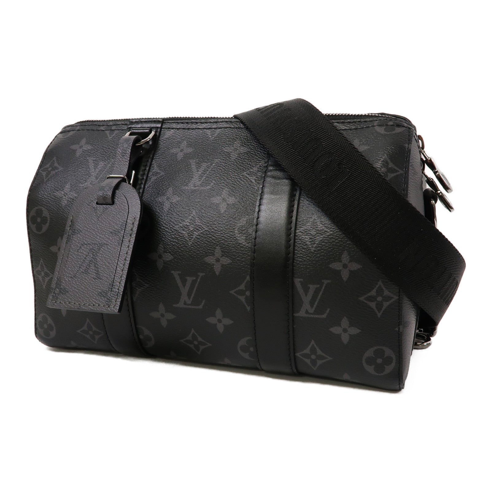 LOUIS VUITTON Monogram Eclipse Keepall Bandouliere 25銀扣肩背袋黑色