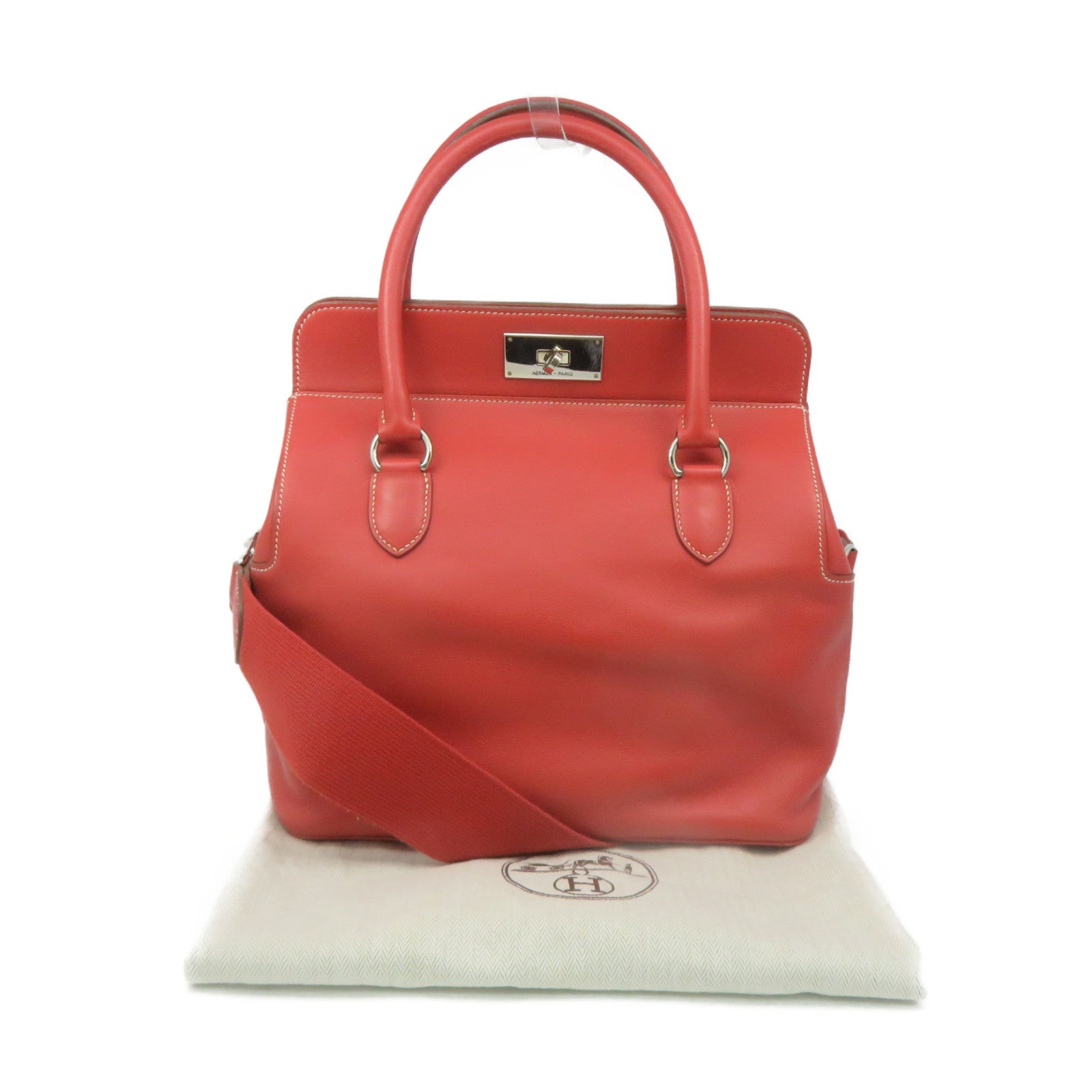 HERMES 【激減優惠】Swift皮革Toolbox 26 2Way Shoulder Bag銀扣手挽肩背兩用袋9M橙色
