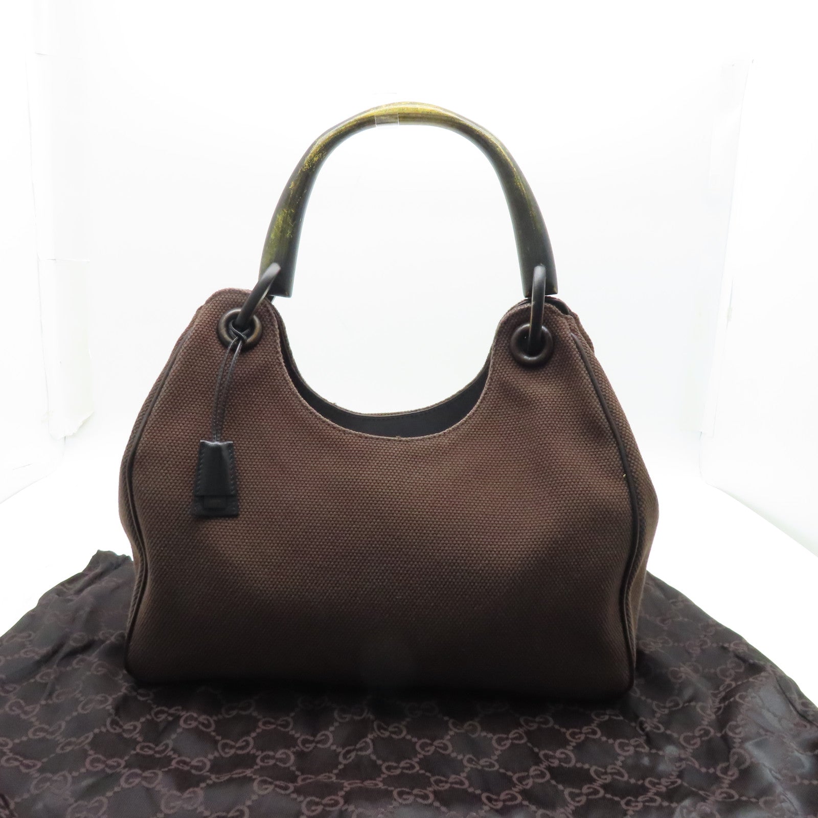 GUCCI canvas Tote Bag silver buckle handle bag brown