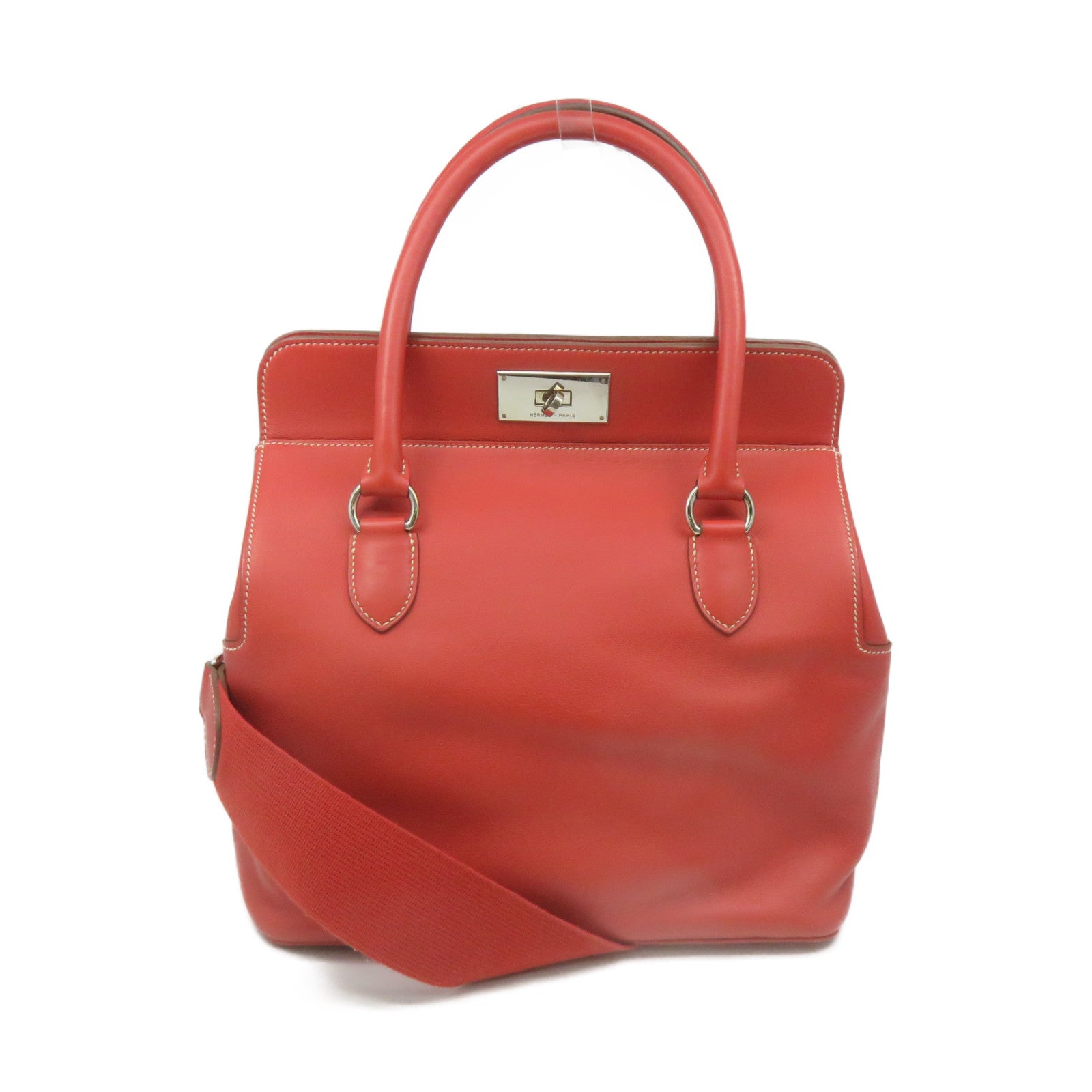 HERMES 【激減優惠】Swift皮革Toolbox 26 2Way Shoulder Bag銀扣手挽肩背兩用袋9M橙色