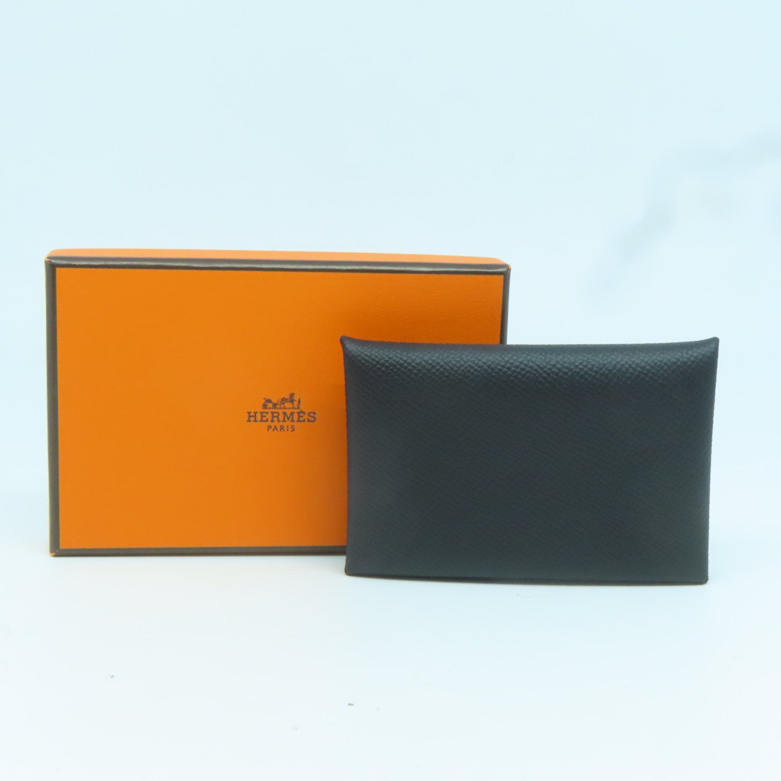 HERMES Epsom皮革Calvi銀扣卡片套Noir黑色