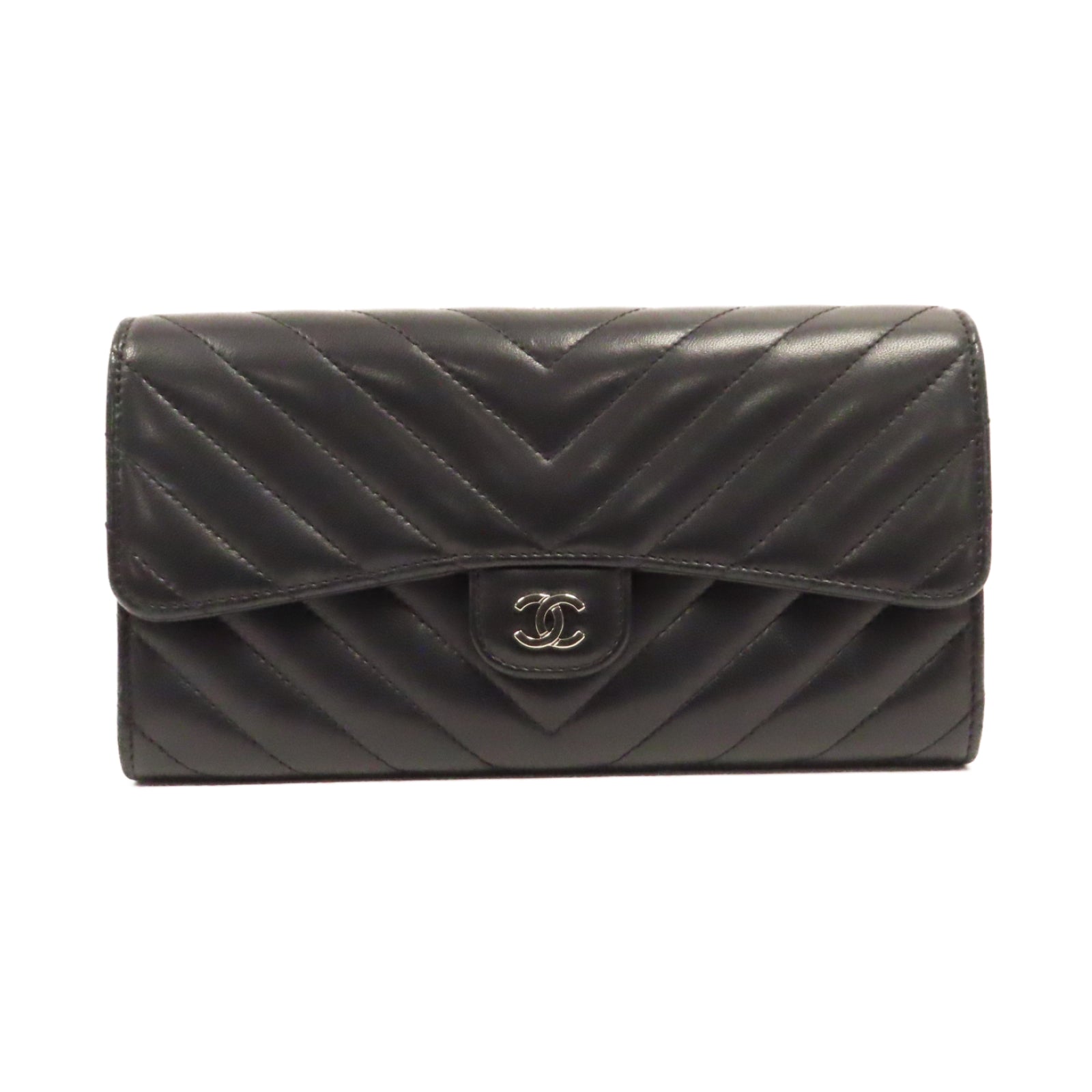 CHANEL 斜紋羊皮皮革Long Wallet銀扣長錢包黑色