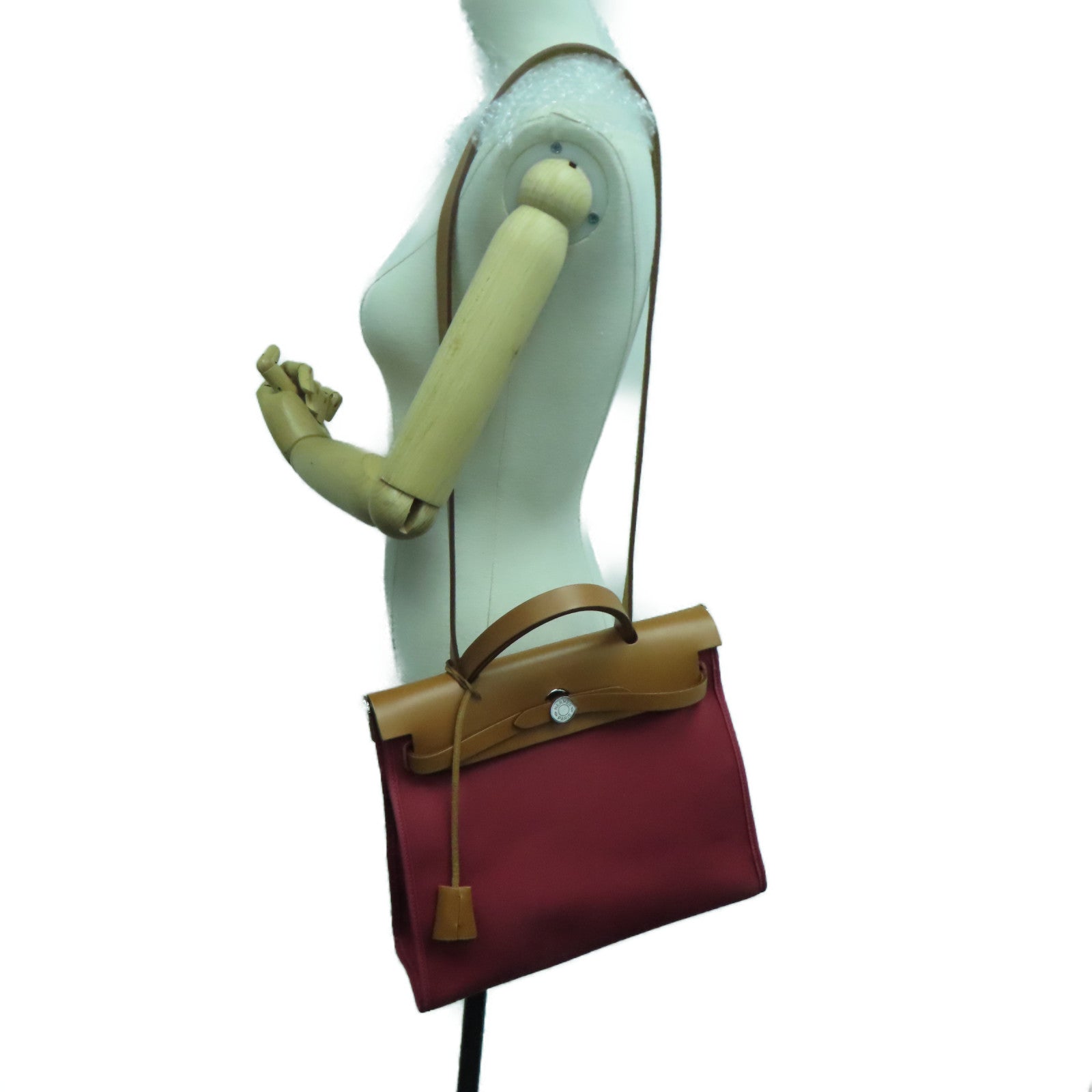 HERMES 帆布Herbag Shoulder Bag银扣肩背袋Ruby红色