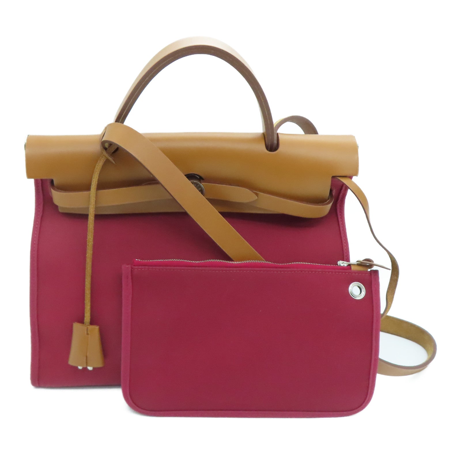 HERMES 帆布Herbag Shoulder Bag银扣肩背袋Ruby红色
