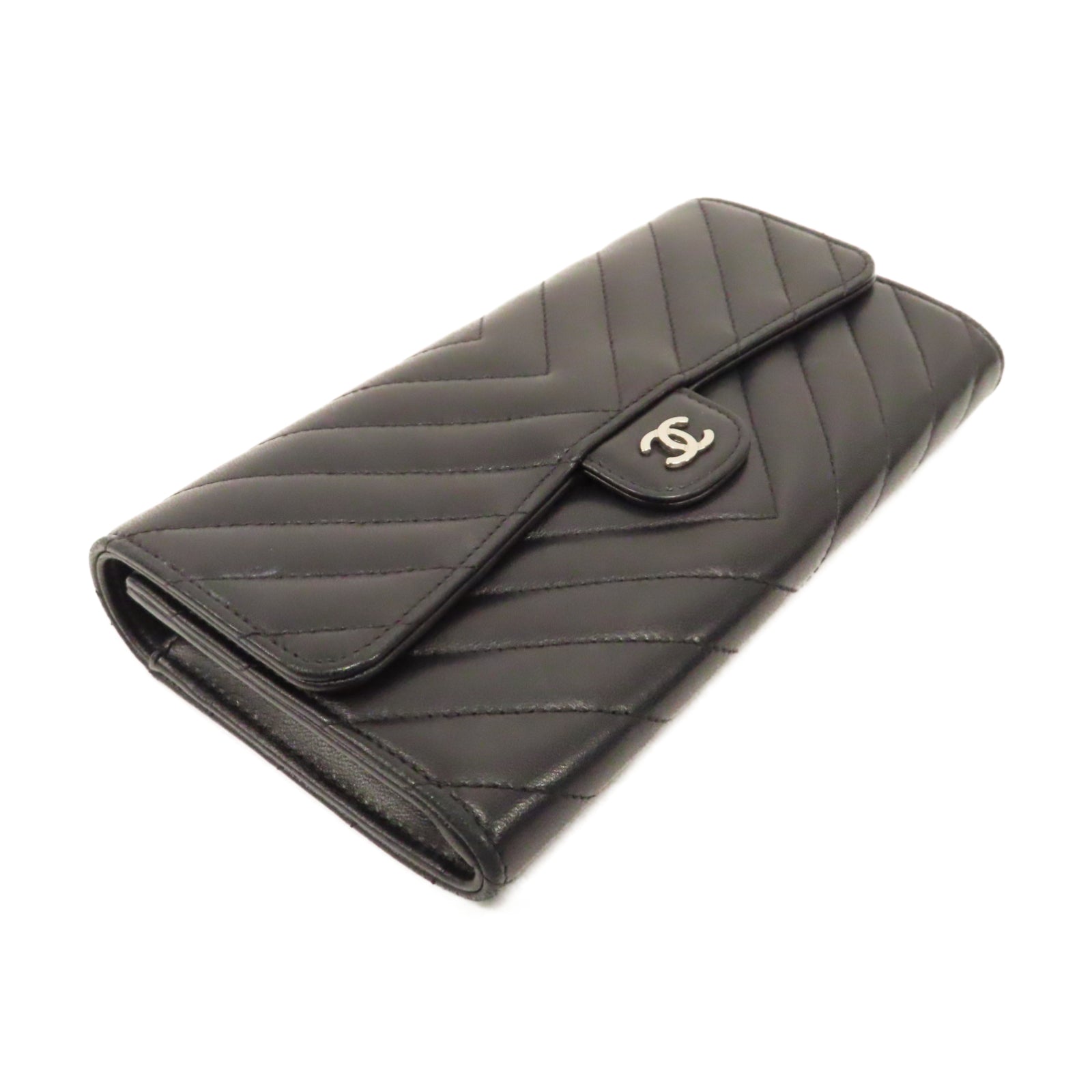 CHANEL 斜紋羊皮皮革Long Wallet銀扣長錢包黑色