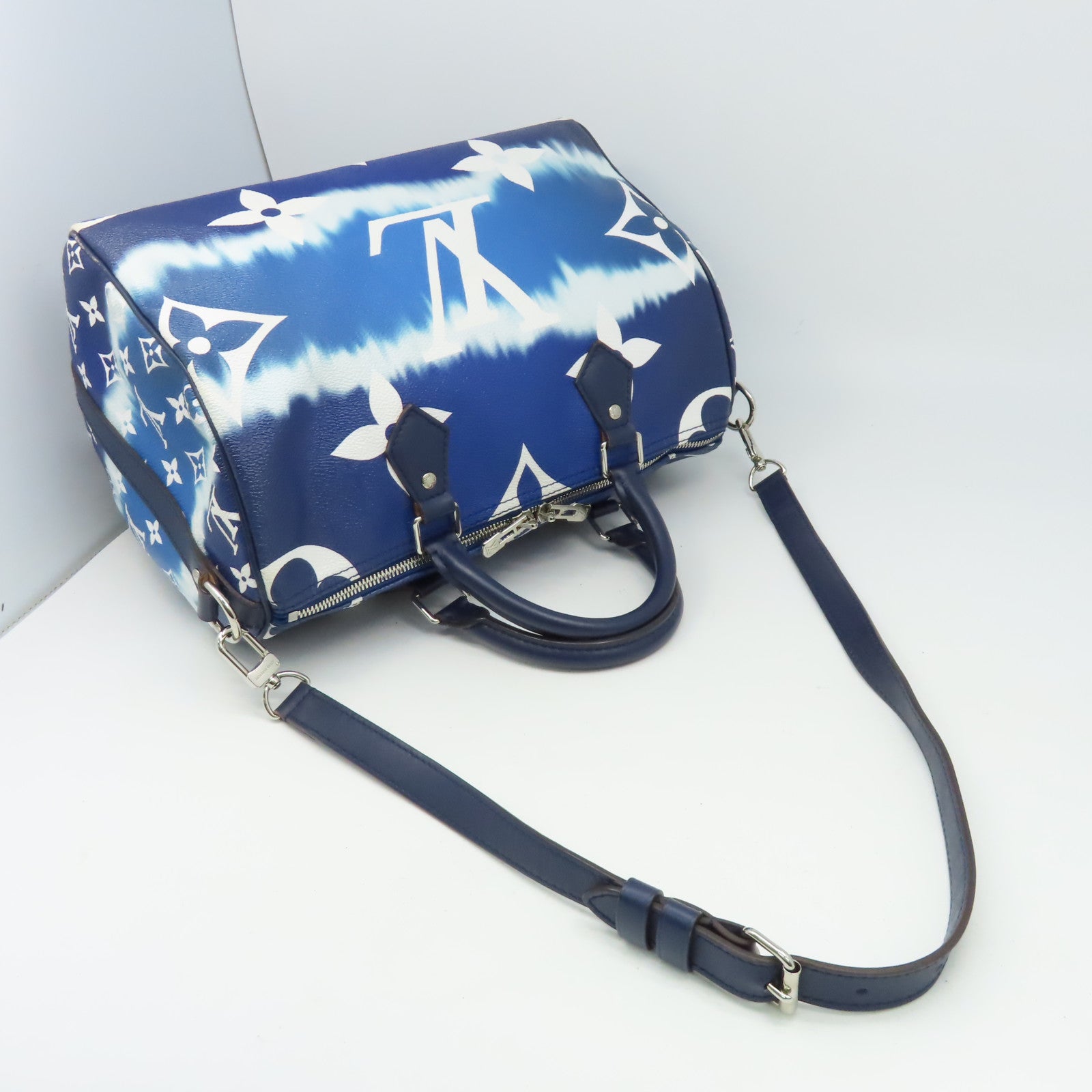 LOUIS VUITTON Monogram Speedy 30 Bandouiere銀扣手挽肩背兩用袋藍色