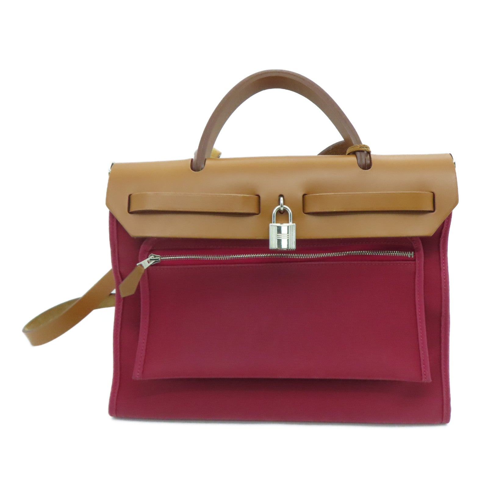 HERMES 帆布Herbag Shoulder Bag银扣肩背袋Ruby红色