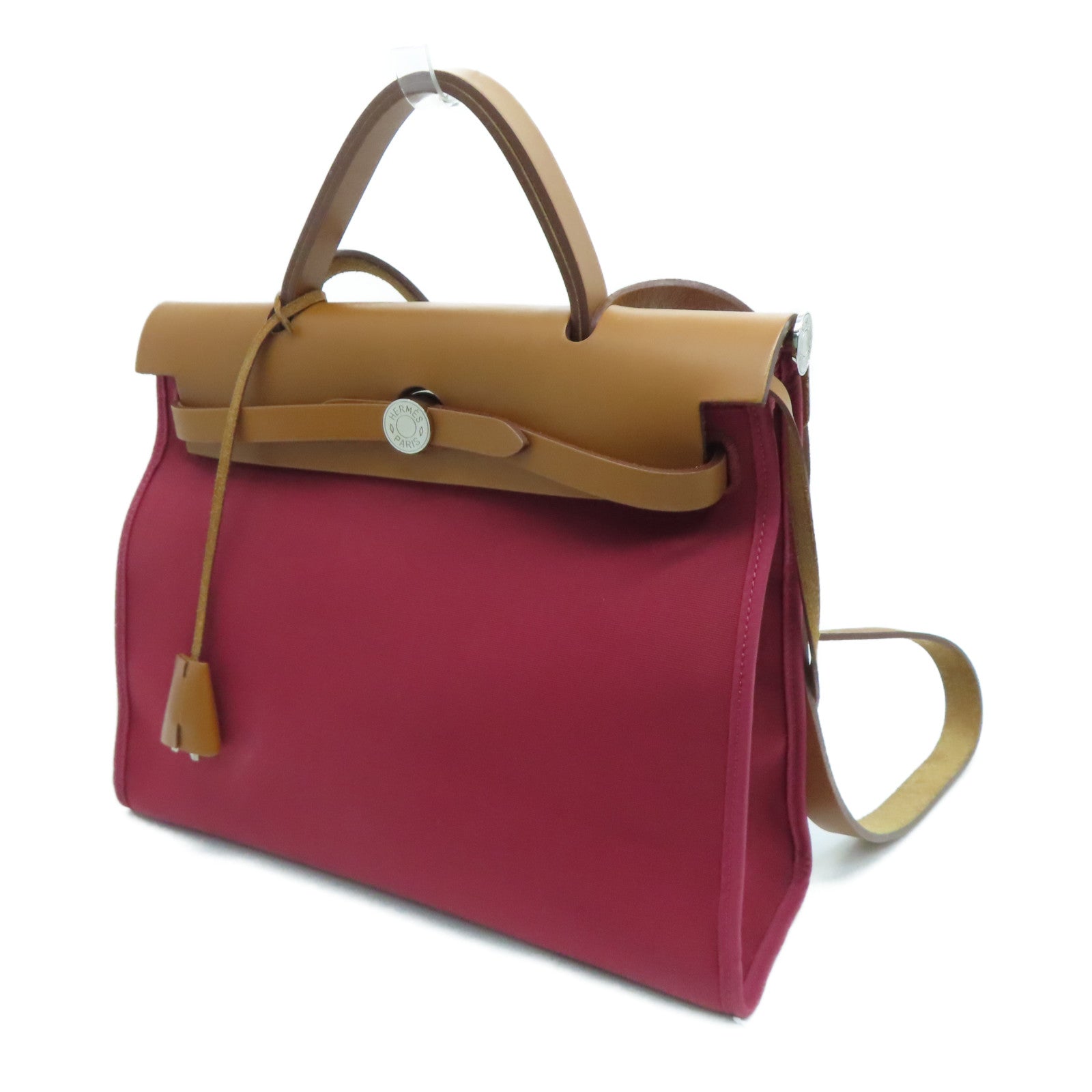 HERMES 帆布Herbag Shoulder Bag银扣肩背袋Ruby红色