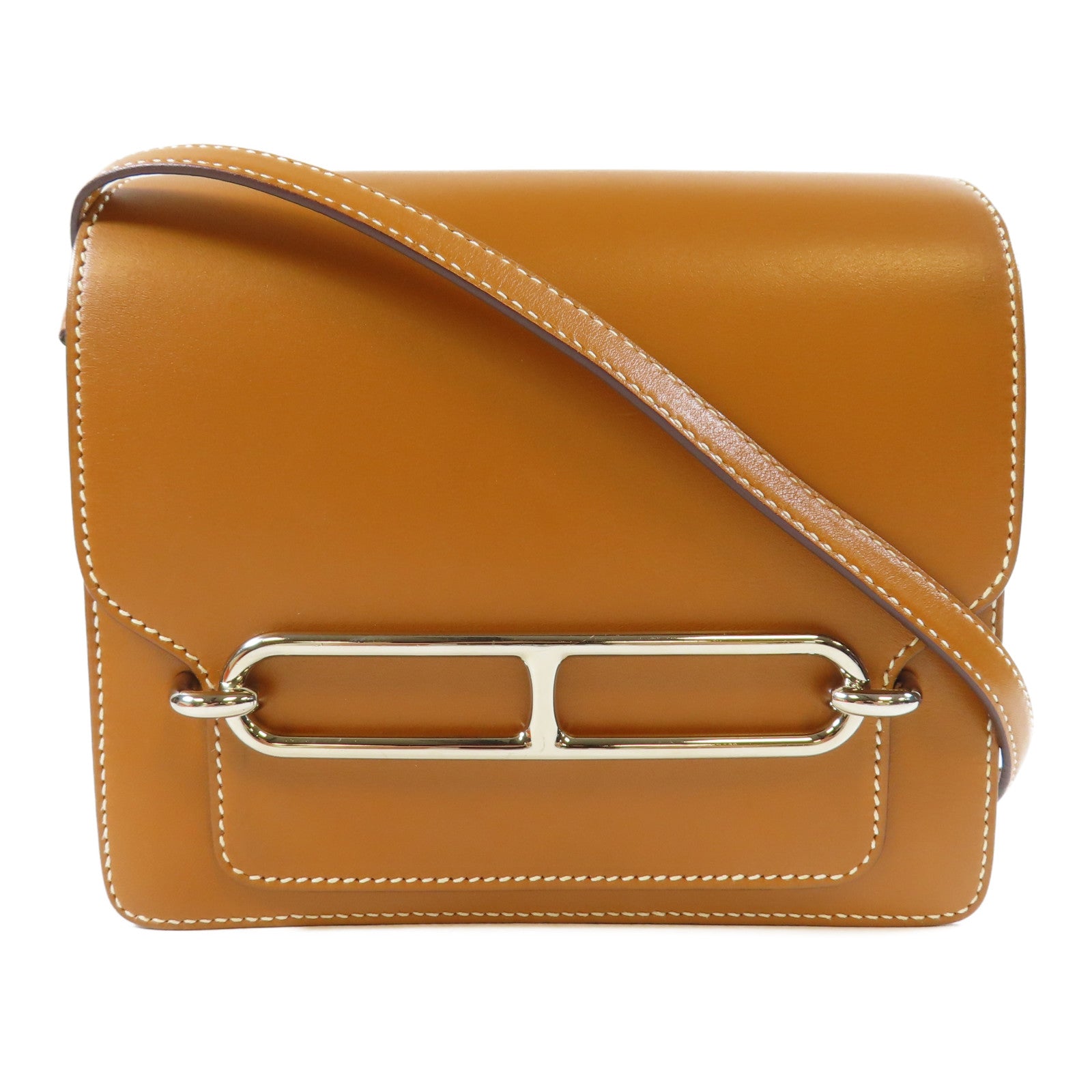 HERMES Barenia皮革Mini Roulis銀扣肩背袋Gold經典駝色