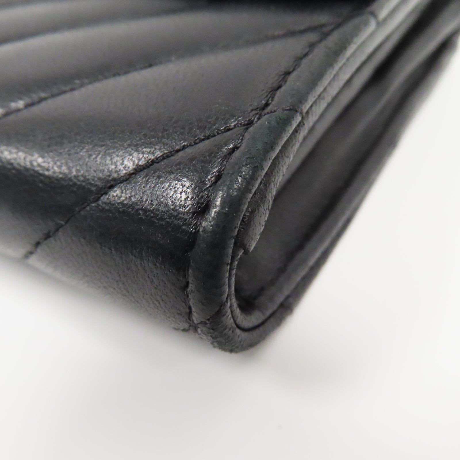 CHANEL 斜紋羊皮皮革Long Wallet銀扣長錢包黑色