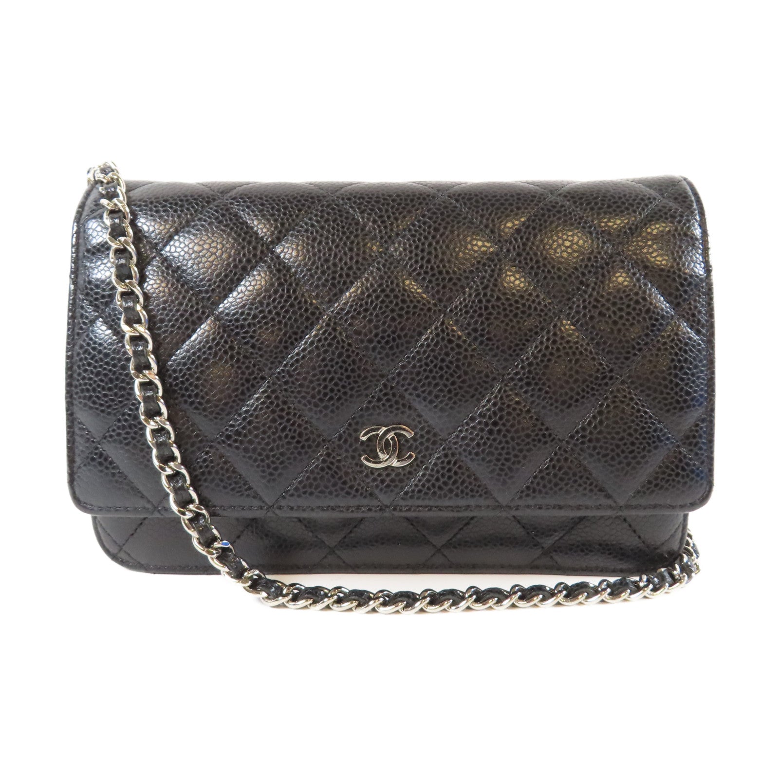 CHANEL 菱格Caviar皮革Wallet On Chain銀扣鏈帶肩背袋黑色