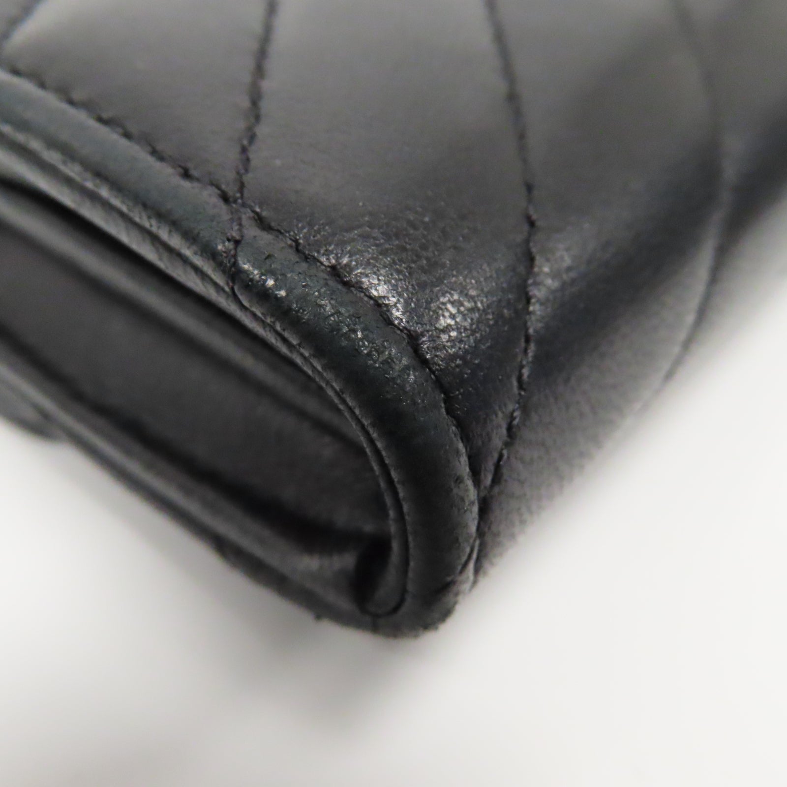 CHANEL 斜紋羊皮皮革Long Wallet銀扣長錢包黑色