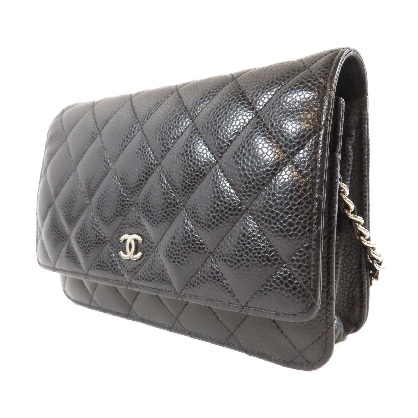 CHANEL 菱格Caviar皮革Wallet On Chain銀扣鏈帶肩背袋黑色
