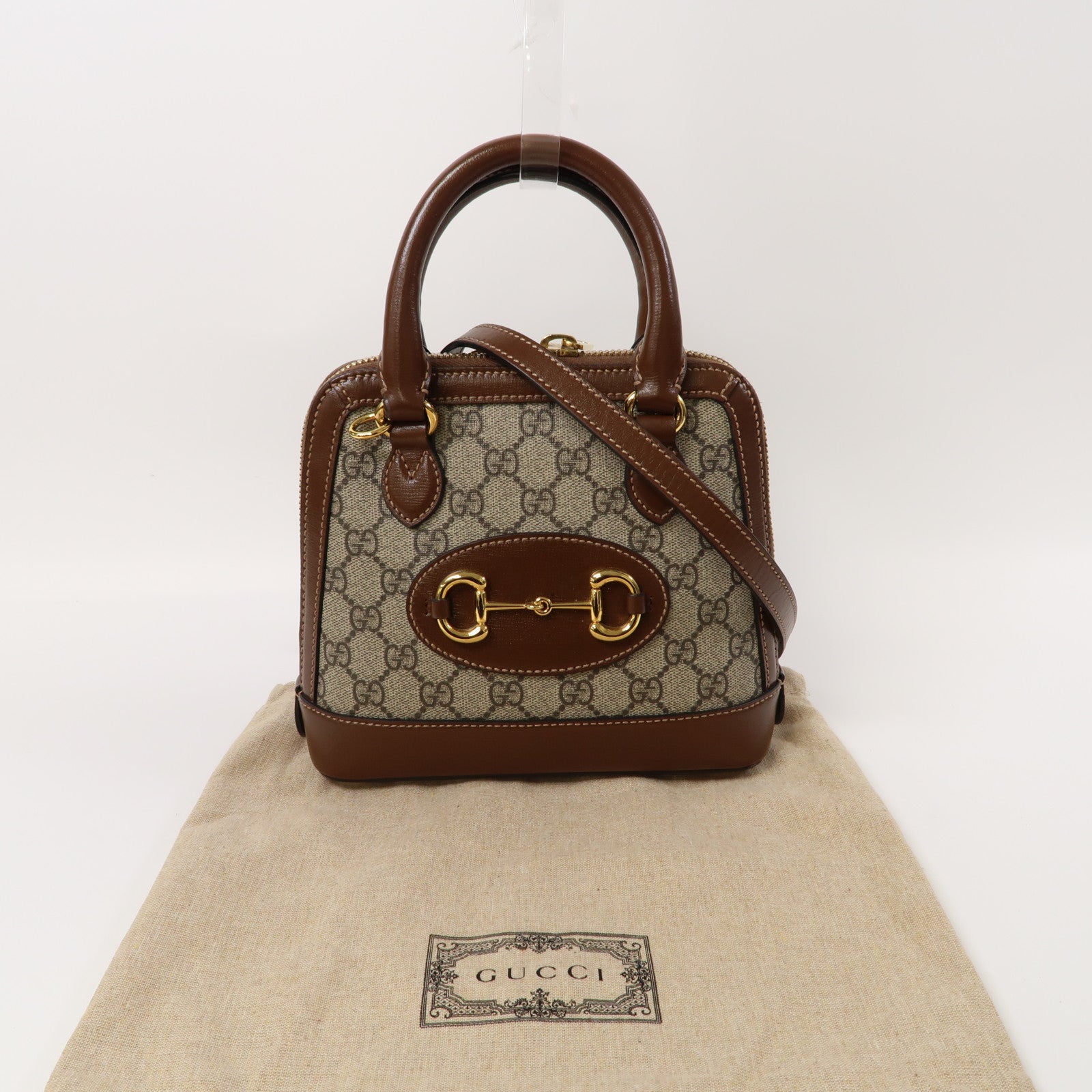 GUCCI 牛皮皮革/塗層帆布Horsebit 1955 Mini Top Handle Bag金扣手挽肩背兩用袋啡色