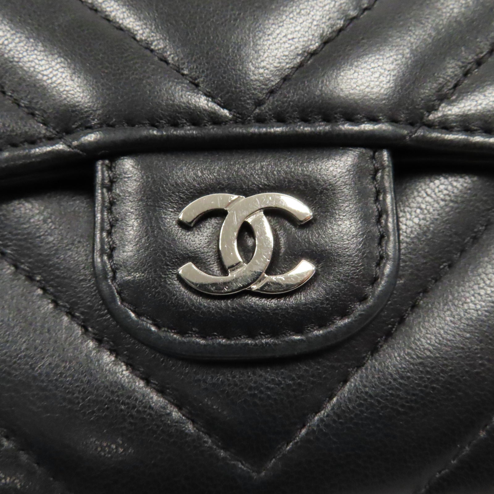 CHANEL 斜紋羊皮皮革Long Wallet銀扣長錢包黑色