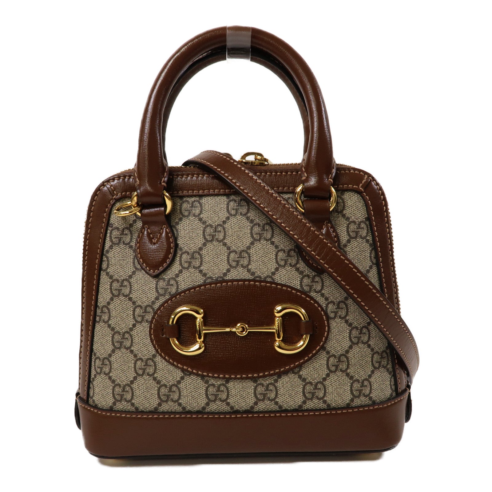 GUCCI 牛皮皮革/塗層帆布Horsebit 1955 Mini Top Handle Bag金扣手挽肩背兩用袋啡色