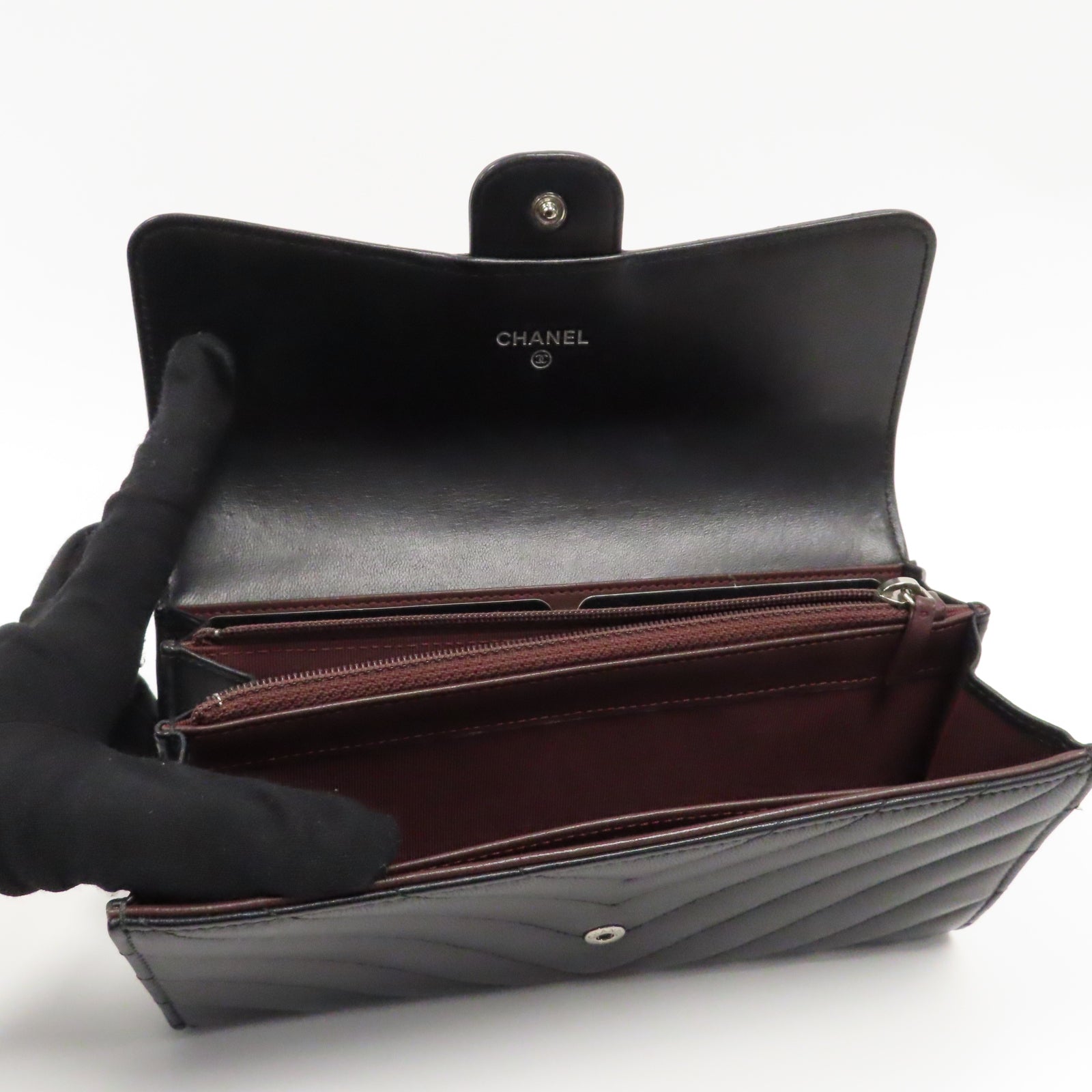 CHANEL 斜紋羊皮皮革Long Wallet銀扣長錢包黑色