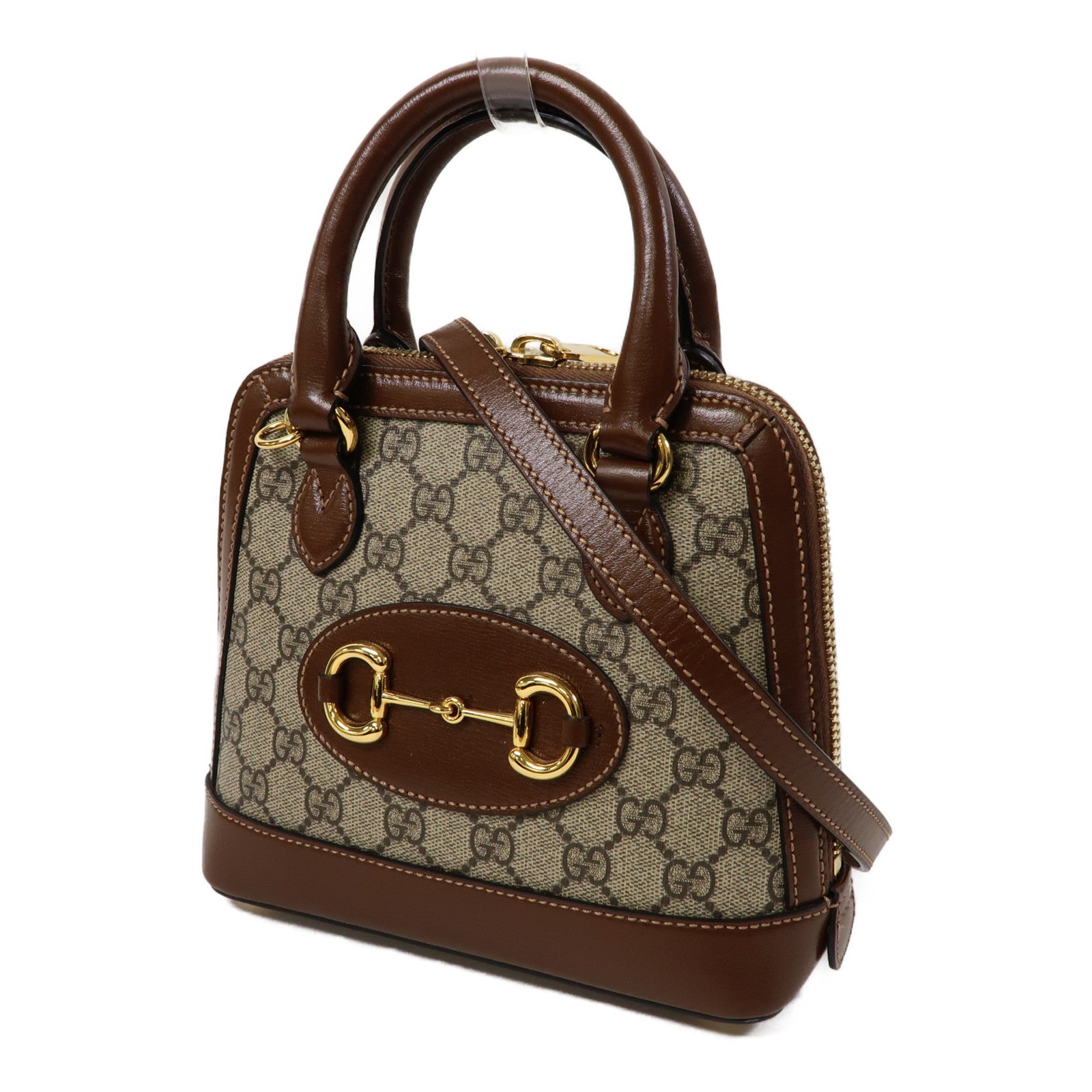 GUCCI 牛皮皮革/塗層帆布Horsebit 1955 Mini Top Handle Bag金扣手挽肩背兩用袋啡色
