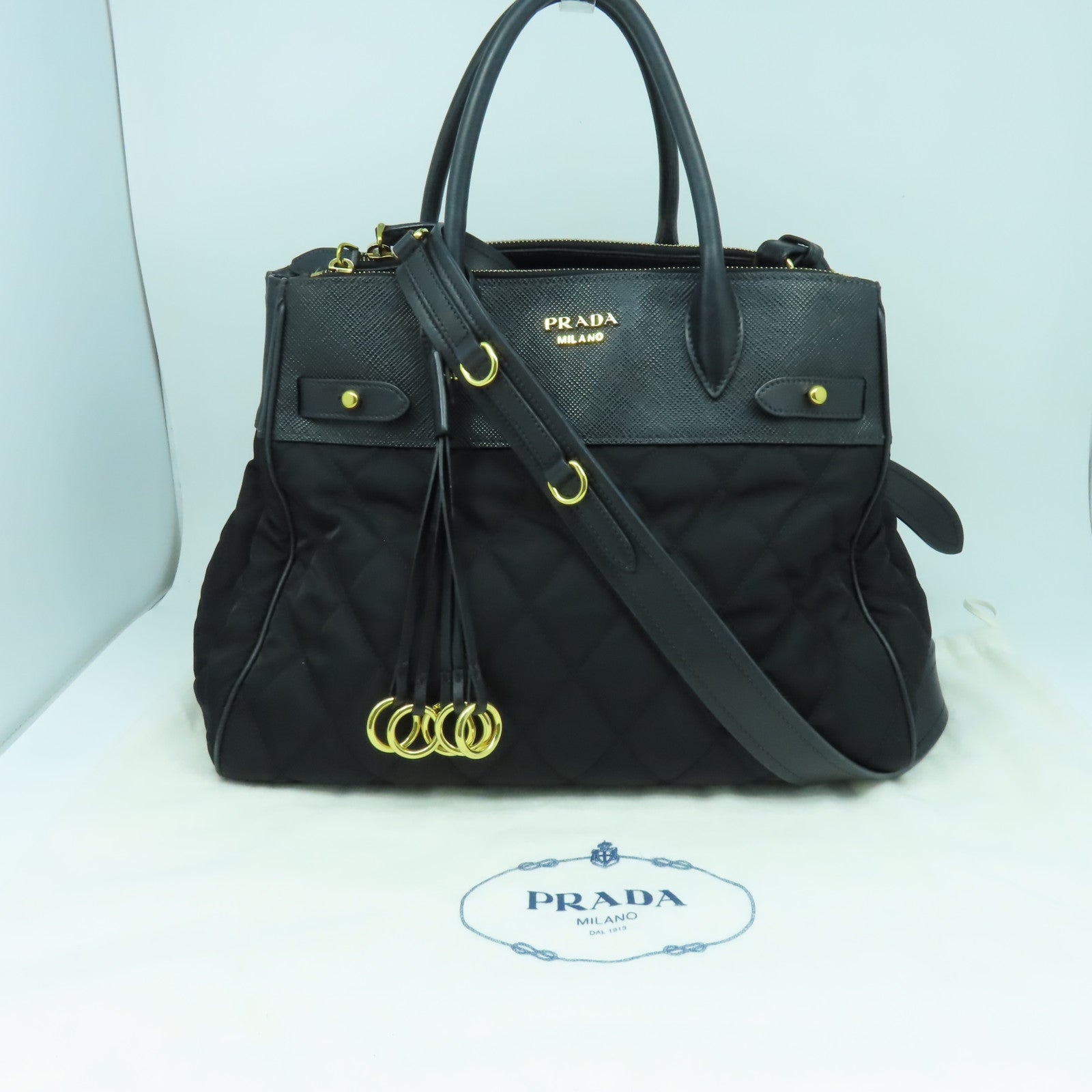 PRADA 【激減優惠】菱格尼龍/牛皮皮革2 Way Shoulder Bag金扣手挽肩背兩用袋黑色