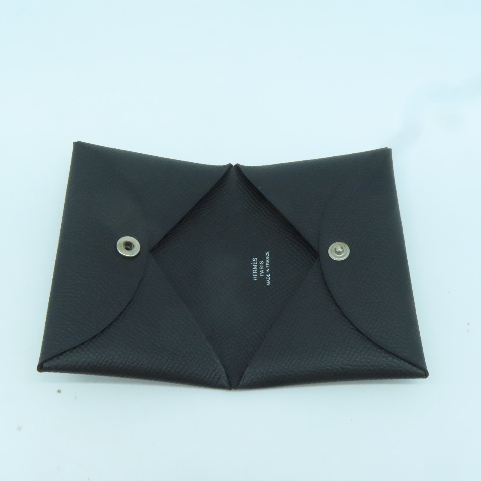 HERMES Epsom皮革Calvi銀扣卡片套Noir黑色