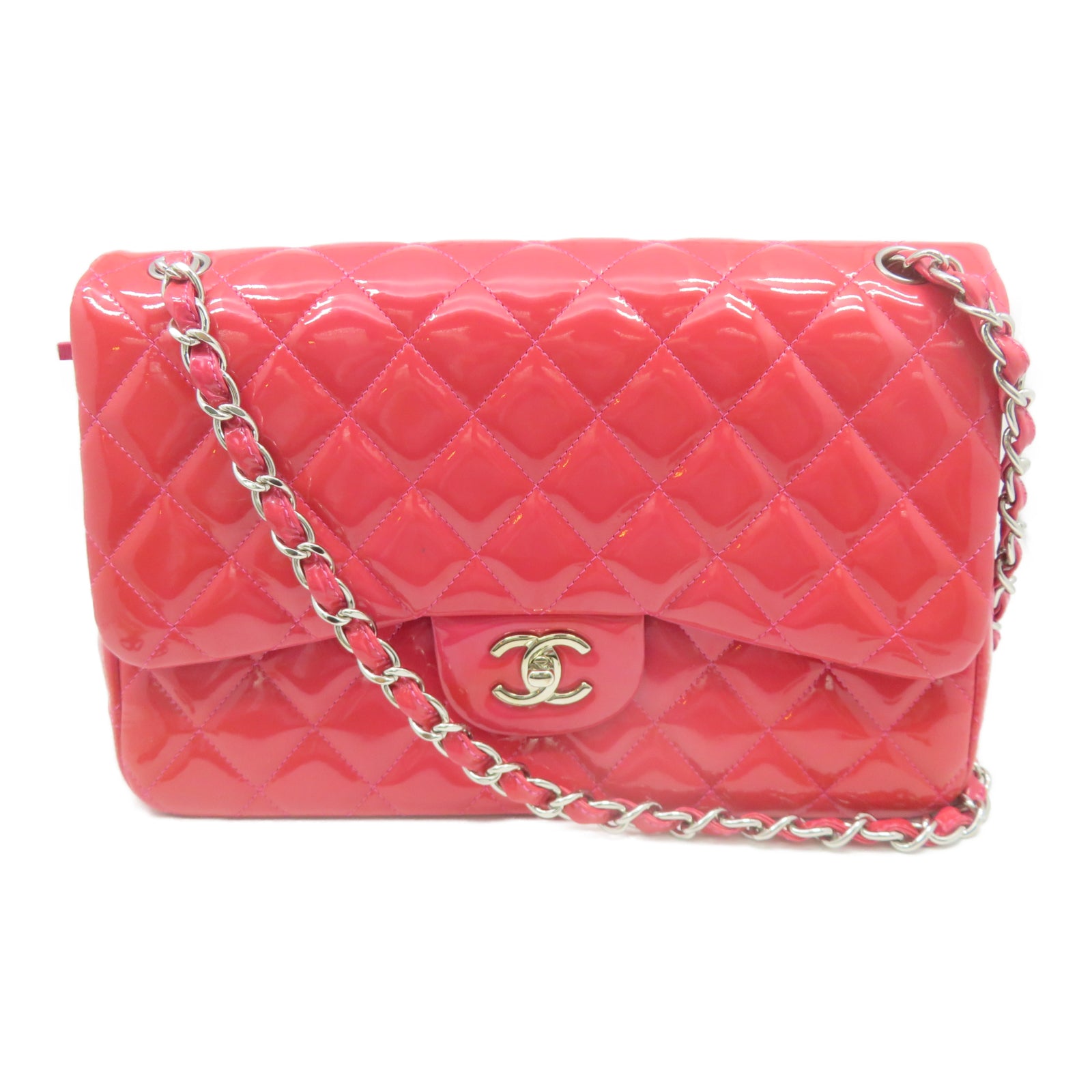 CHANEL 【激减优惠】菱格漆皮皮革Jumbo银扣链带肩背袋粉红色