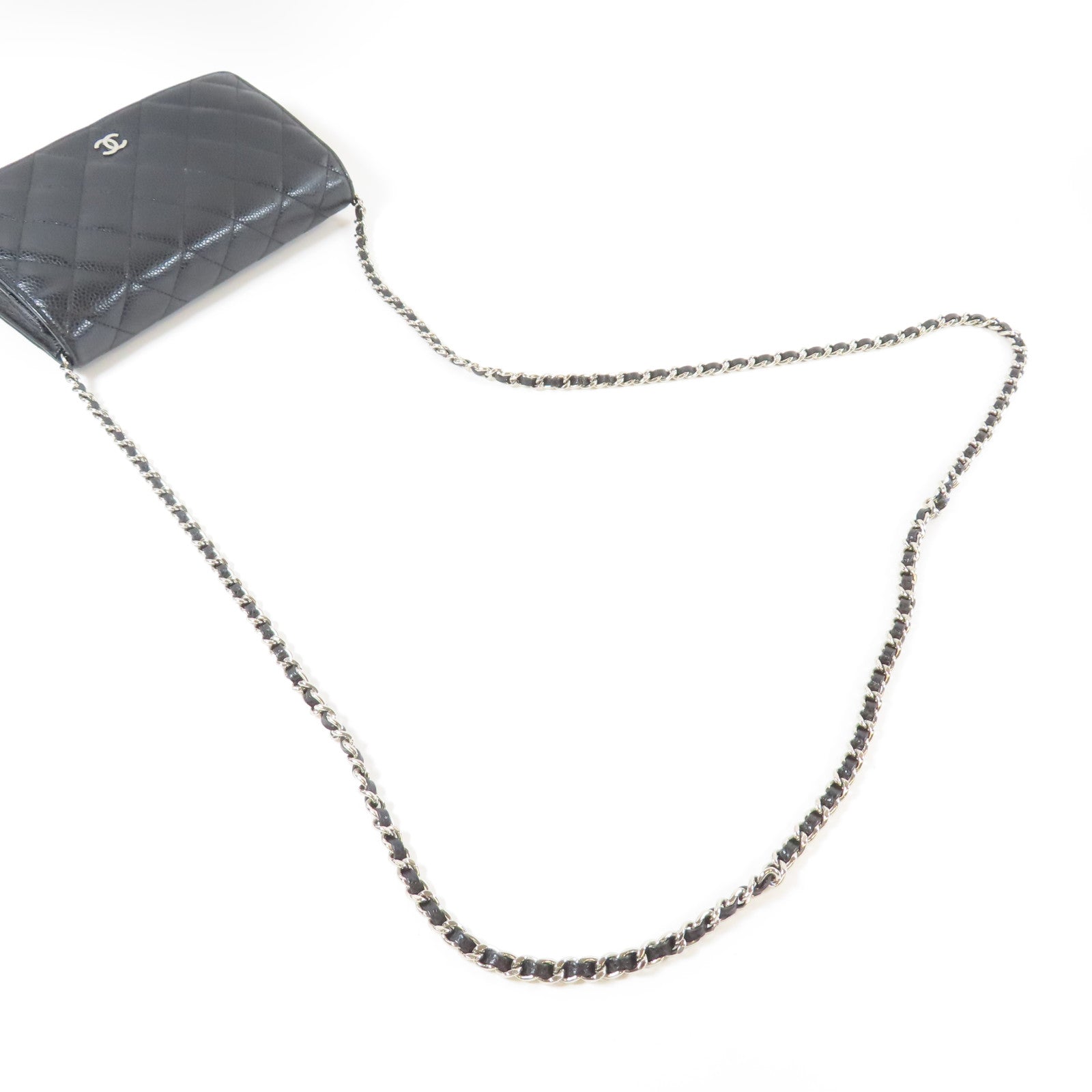 CHANEL 菱格Caviar皮革Wallet On Chain銀扣鏈帶肩背袋黑色