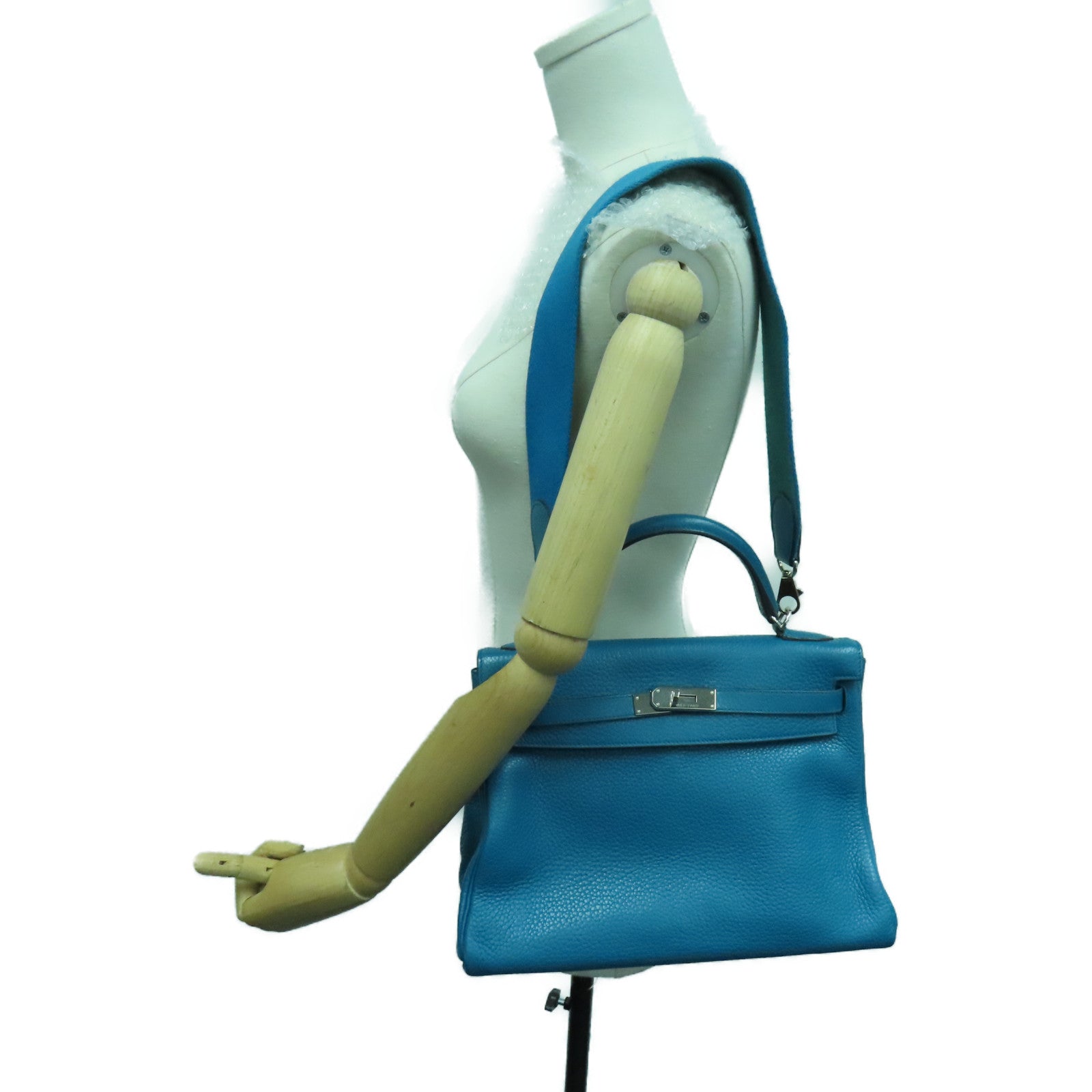 HERMES Clemence Leather Kelly32 Silver Buckle Handle Shoulder Backpack Bleu de Galice/Dark Blue