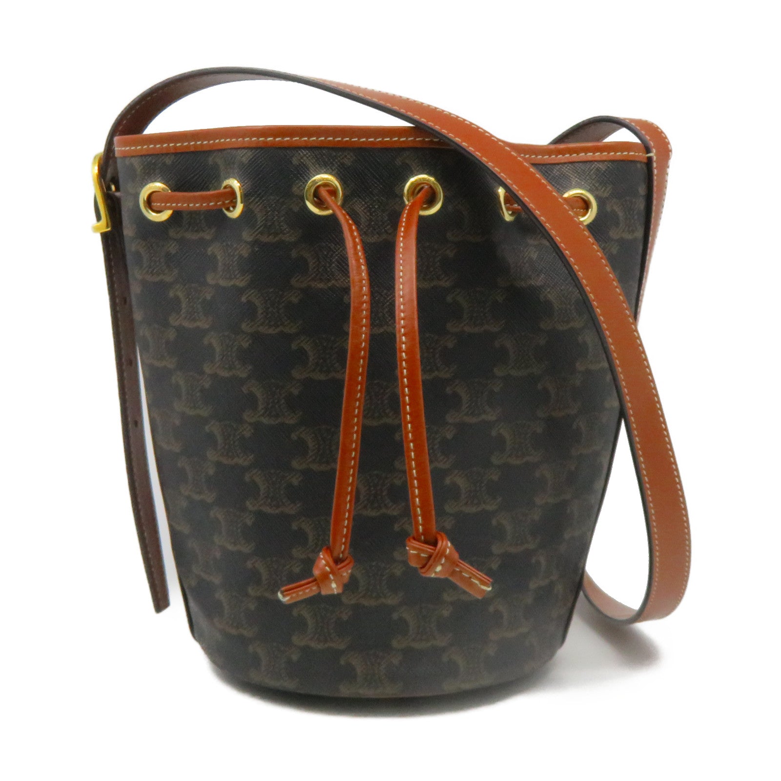 CELINE 牛皮皮革Triomphe Bucket Bag金扣肩背袋啡色