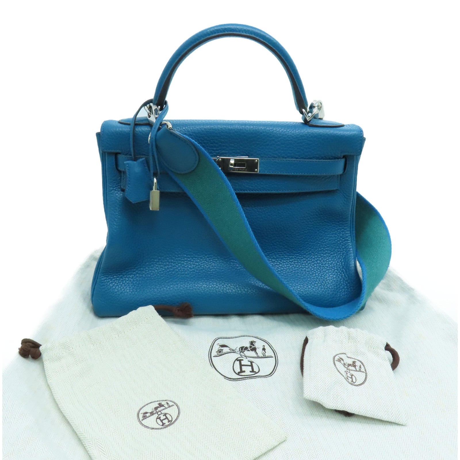 HERMES Clemence Leather Kelly32 Silver Buckle Handle Shoulder Backpack Bleu de Galice/Dark Blue