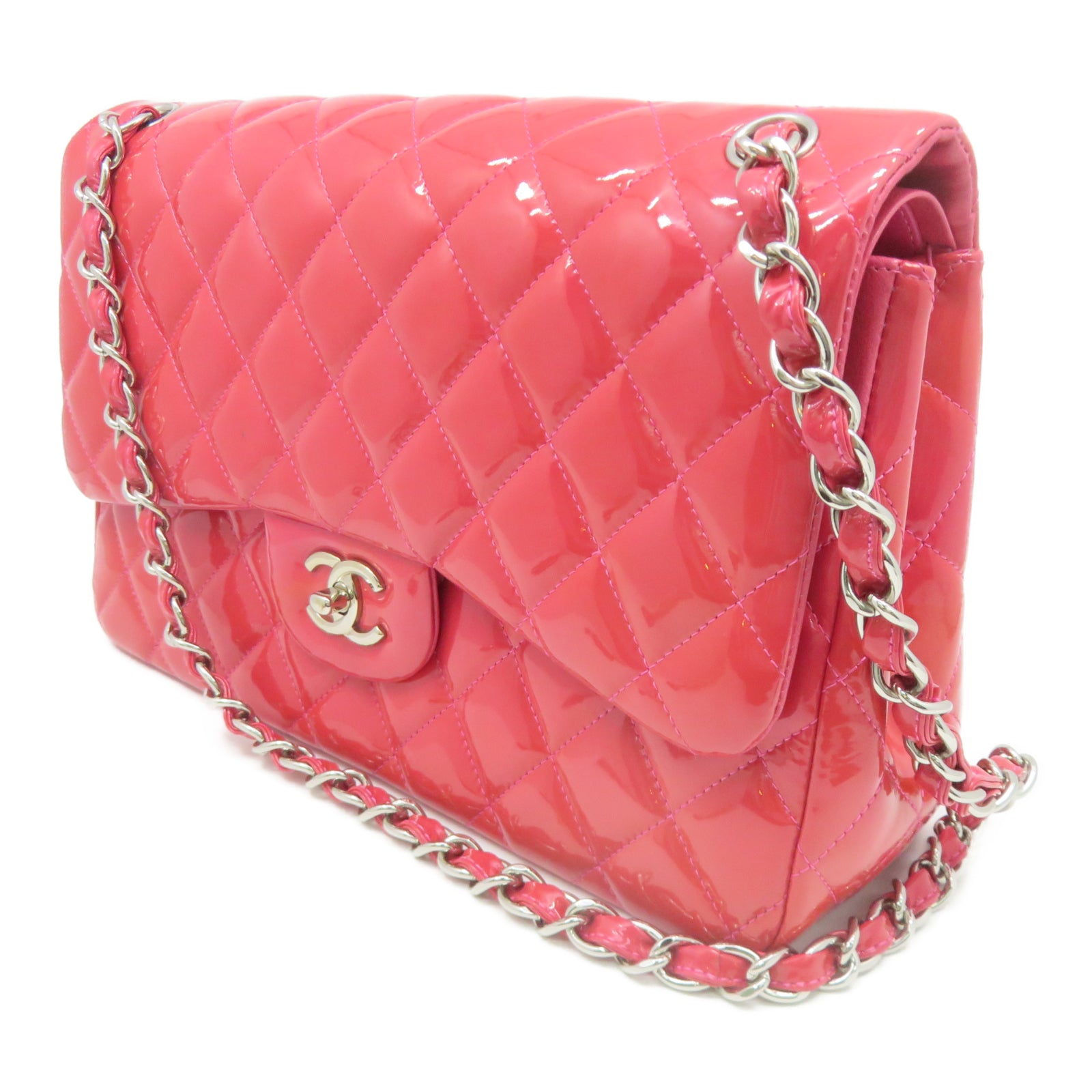 CHANEL 【激减优惠】菱格漆皮皮革Jumbo银扣链带肩背袋粉红色