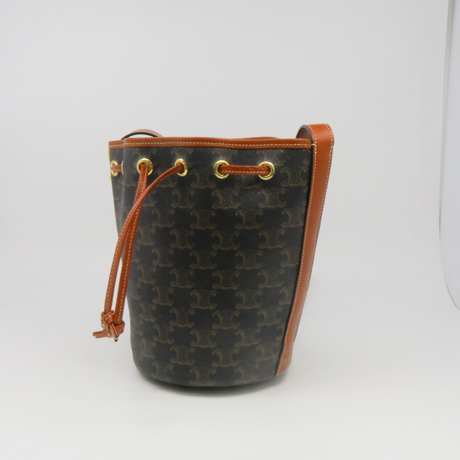 CELINE 牛皮皮革Triomphe Bucket Bag金扣肩背袋啡色