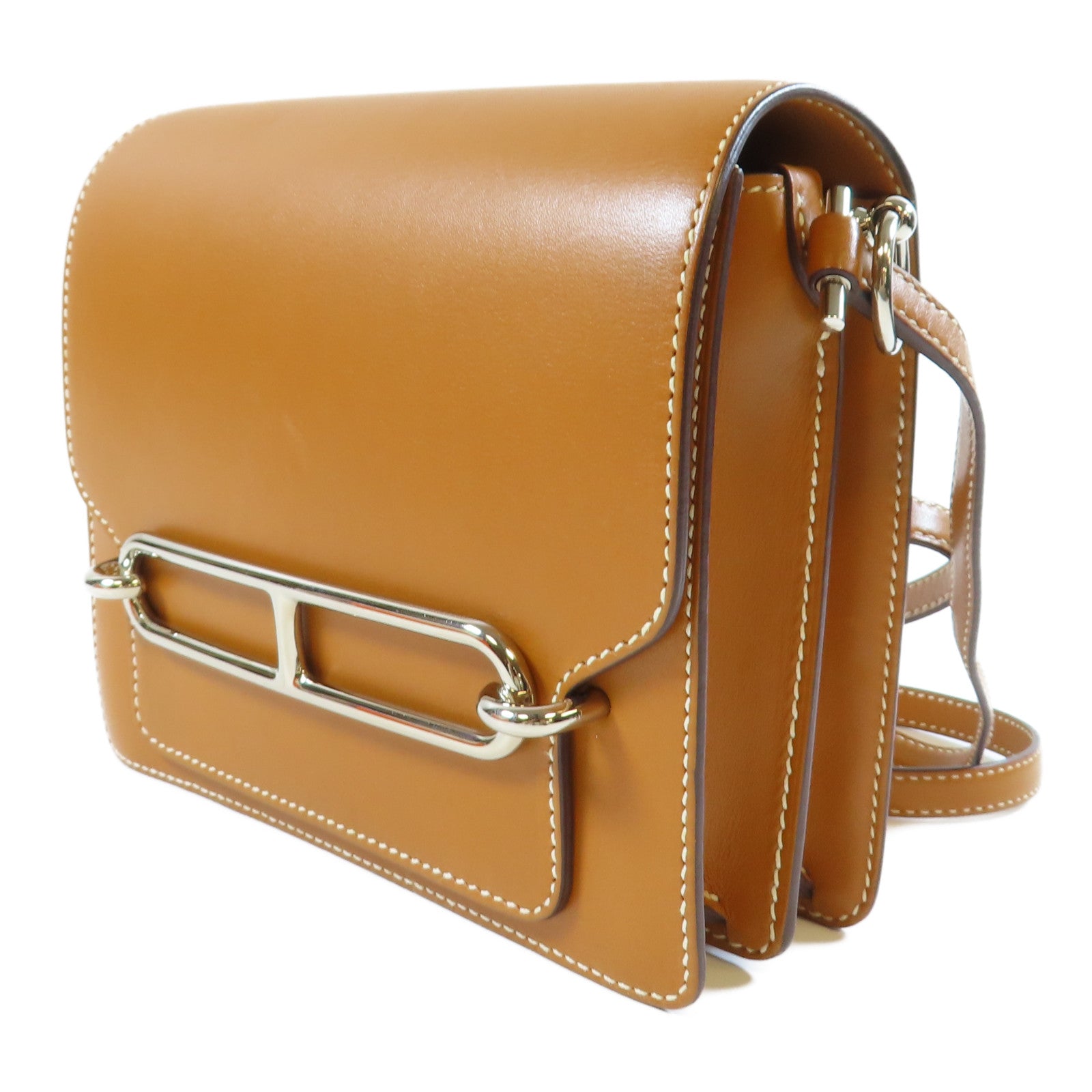HERMES Barenia皮革Mini Roulis銀扣肩背袋Gold經典駝色