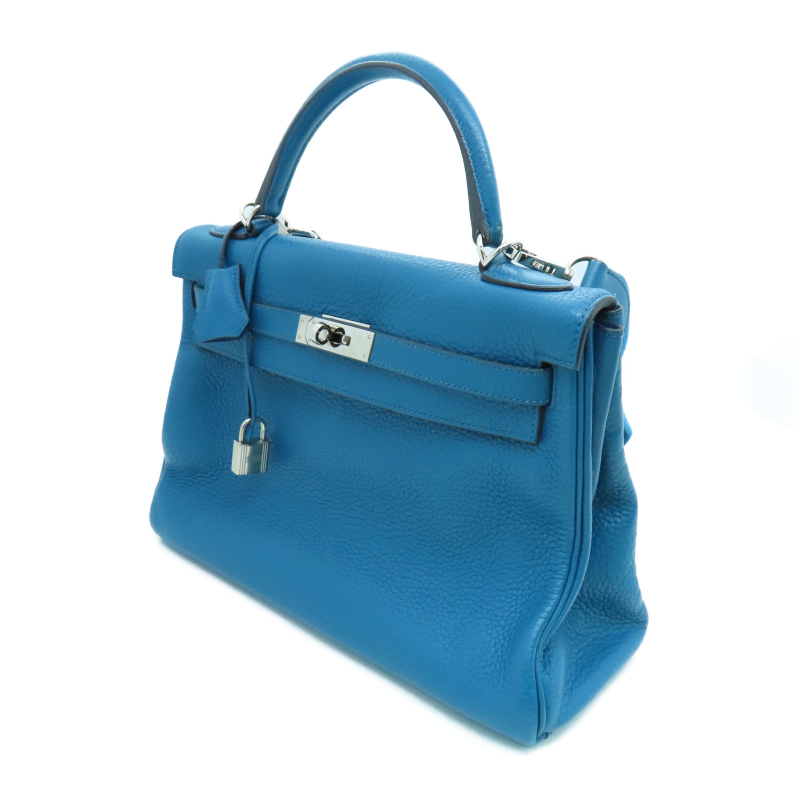 HERMES Clemence Leather Kelly32 Silver Buckle Handle Shoulder Backpack Bleu de Galice/Dark Blue