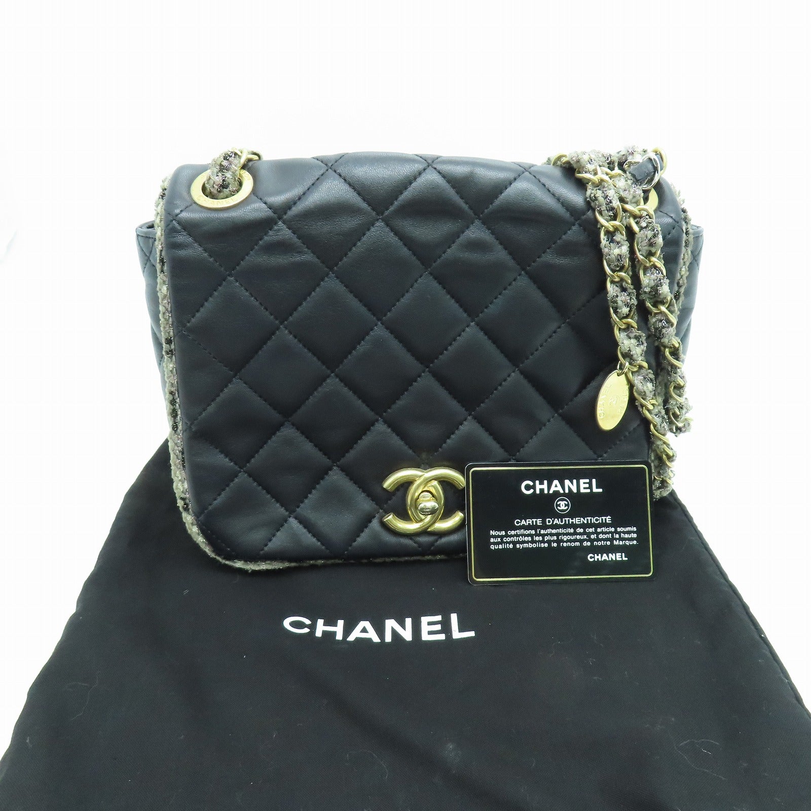 CHANEL 【激減優惠】菱格牛皮皮革Chain Shoulder金扣鏈帶肩背袋黑色