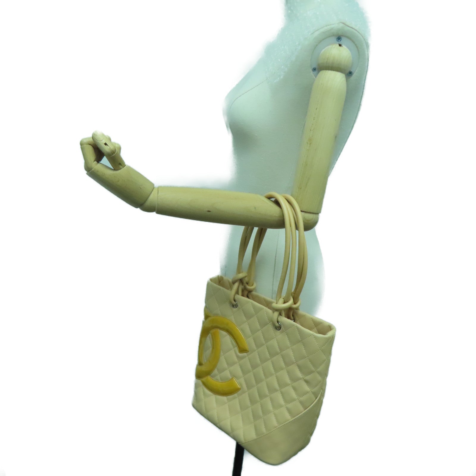 CHANEL rhombic cowhide leather Cambon Line silver buckle handle bag beige