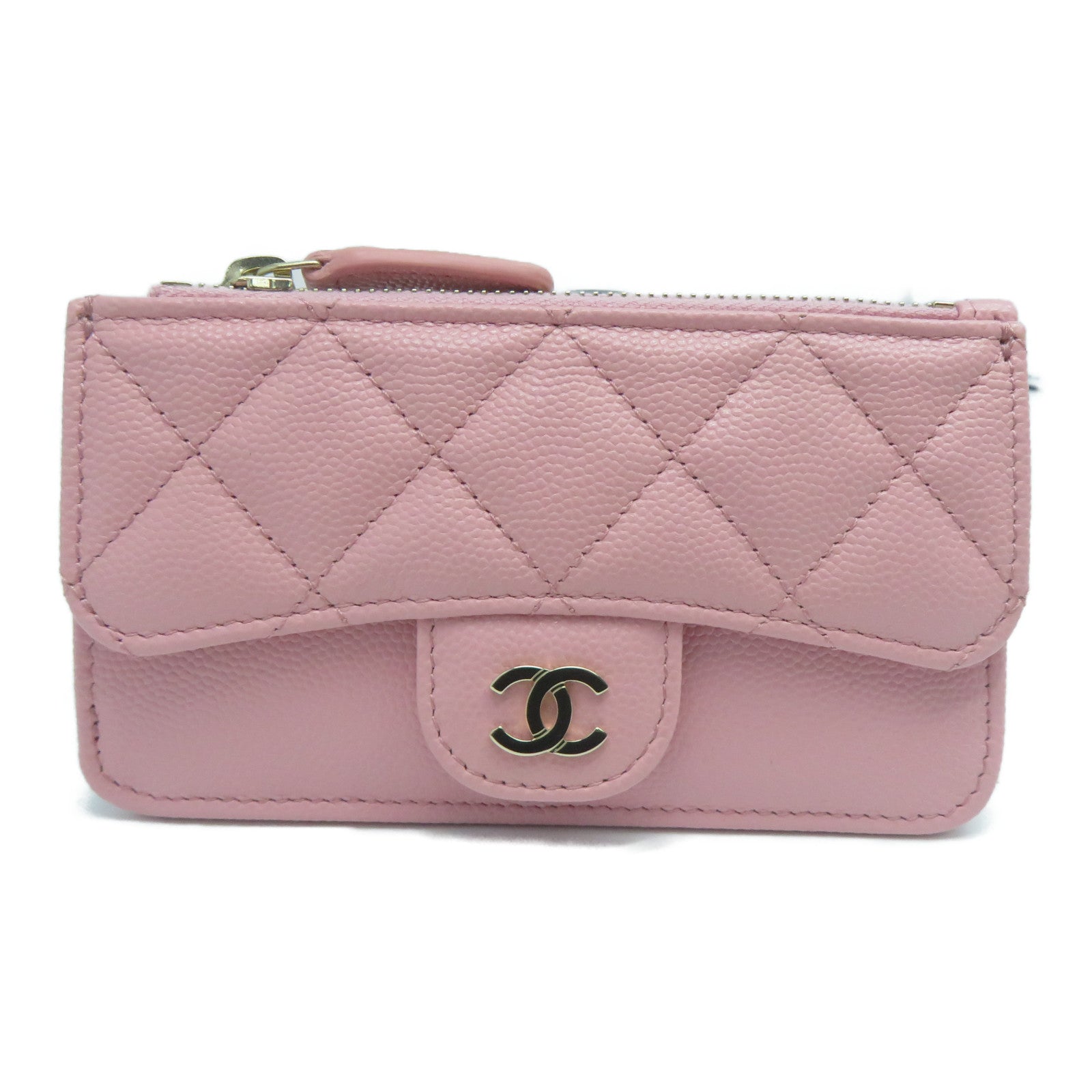 CHANEL 菱格Caviar皮革Card Holder金扣卡片套粉紅色
