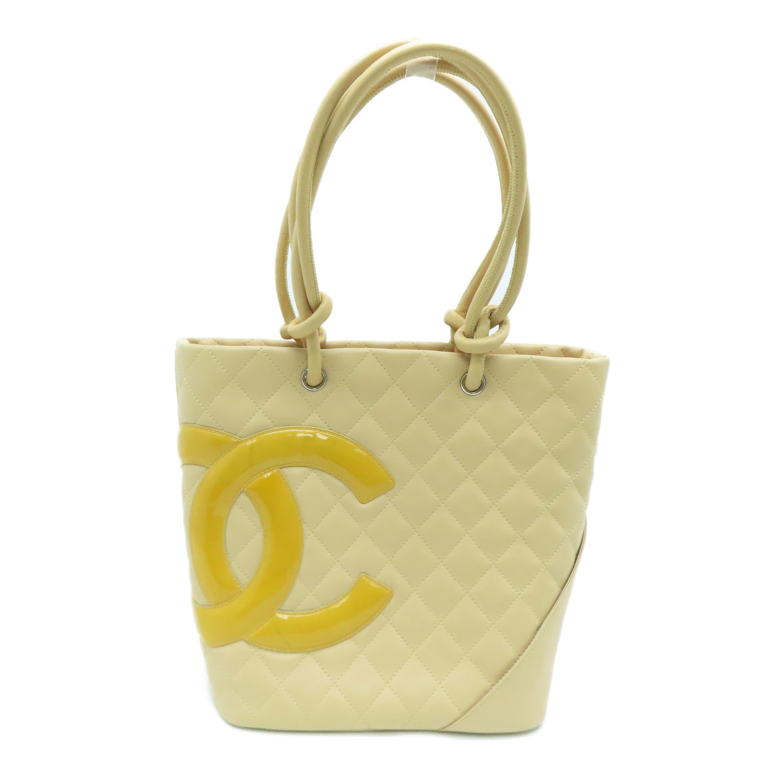 CHANEL rhombic cowhide leather Cambon Line silver buckle handle bag beige