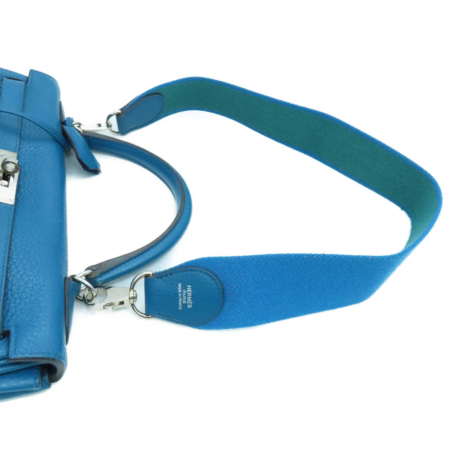 HERMES Clemence Leather Kelly32 Silver Buckle Handle Shoulder Backpack Bleu de Galice/Dark Blue