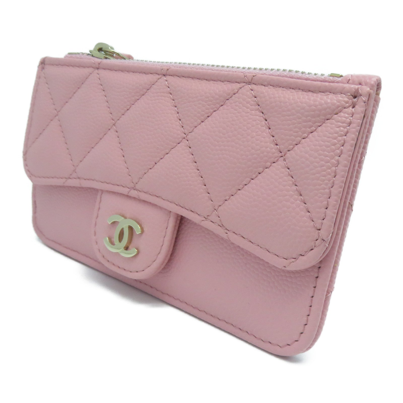 CHANEL 菱格Caviar皮革Card Holder金扣卡片套粉紅色