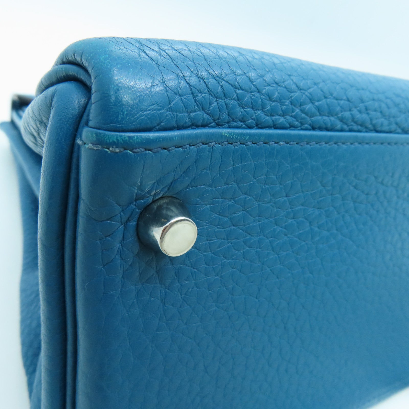 HERMES Clemence Leather Kelly32 Silver Buckle Handle Shoulder Backpack Bleu de Galice/Dark Blue