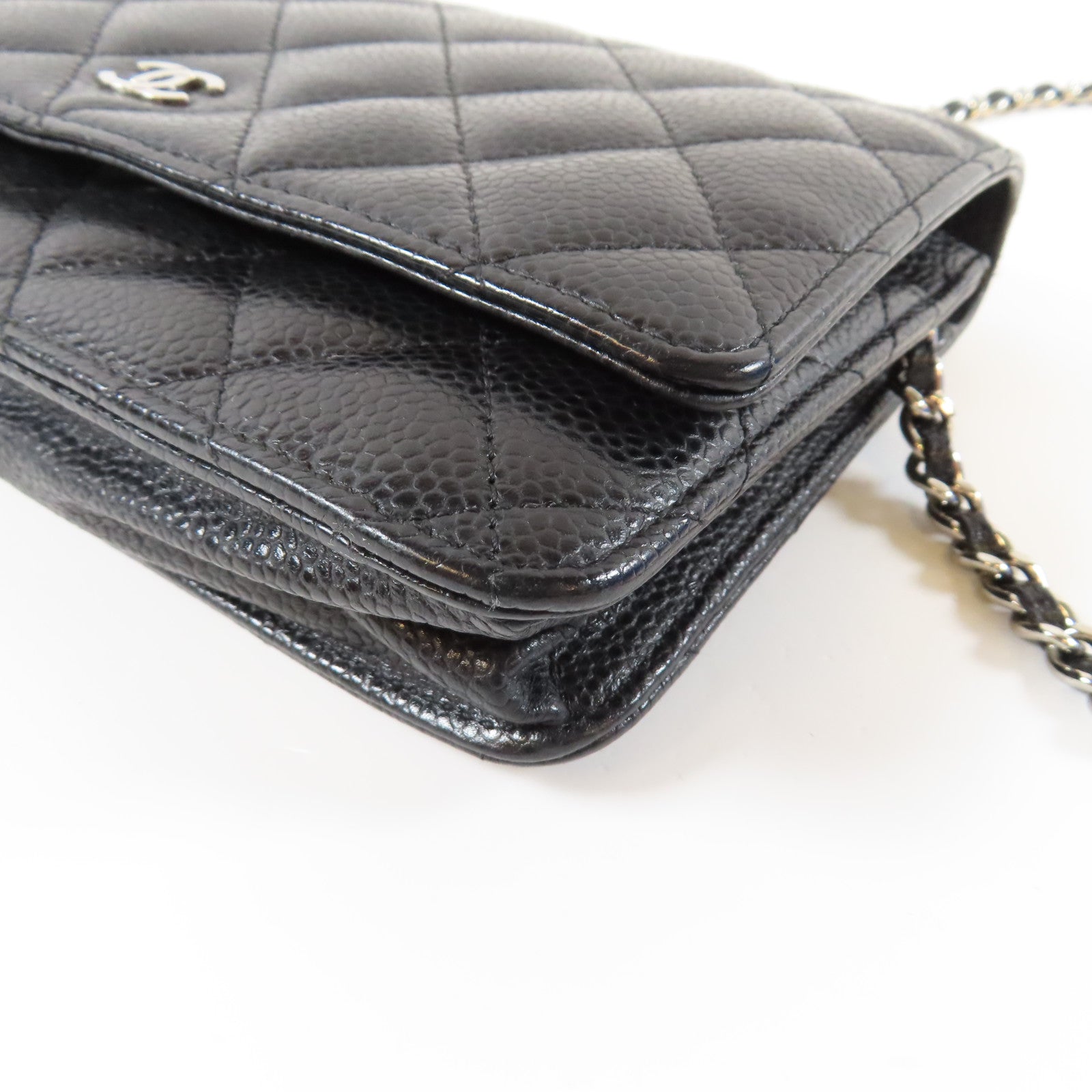 CHANEL 菱格Caviar皮革Wallet On Chain銀扣鏈帶肩背袋黑色