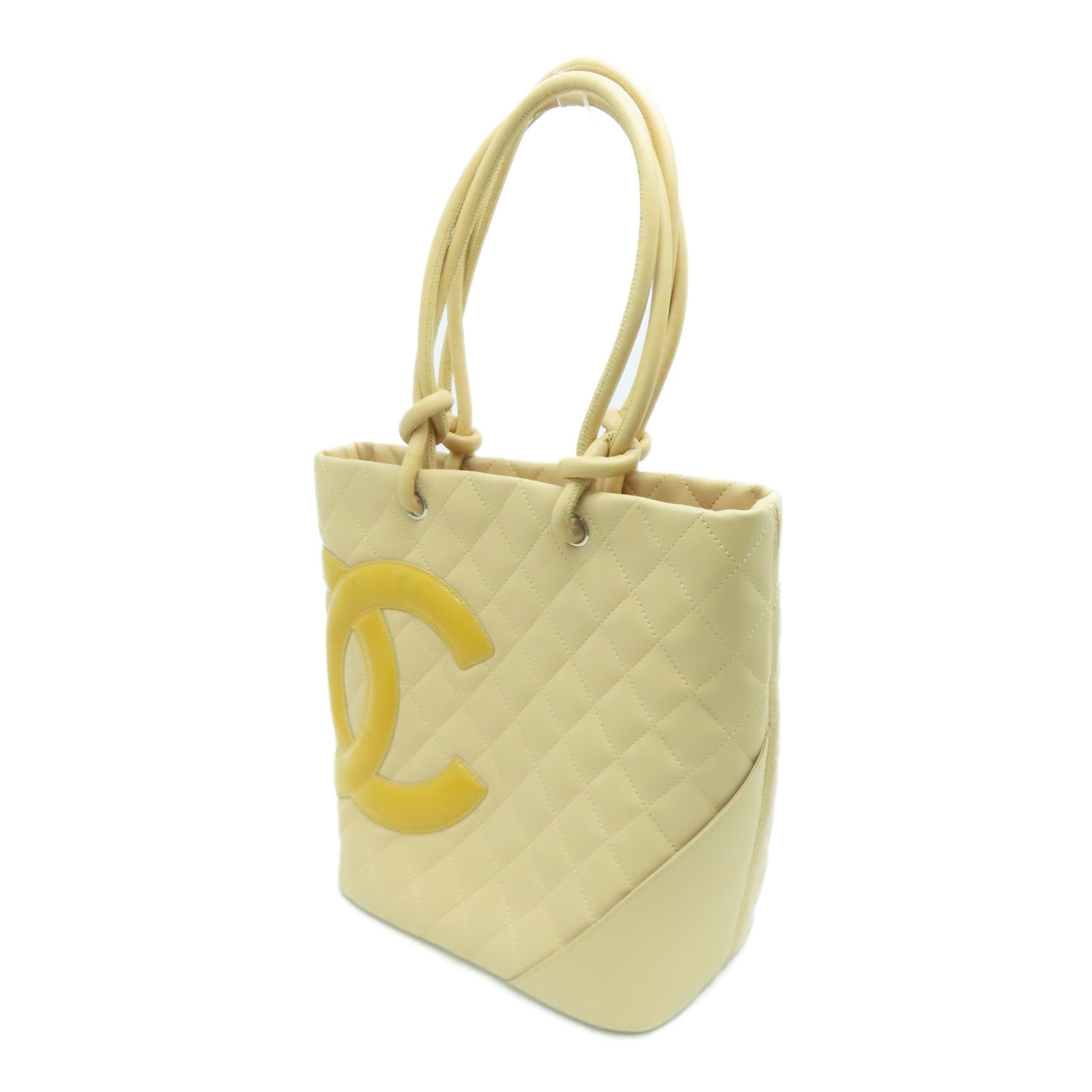 CHANEL rhombic cowhide leather Cambon Line silver buckle handle bag beige