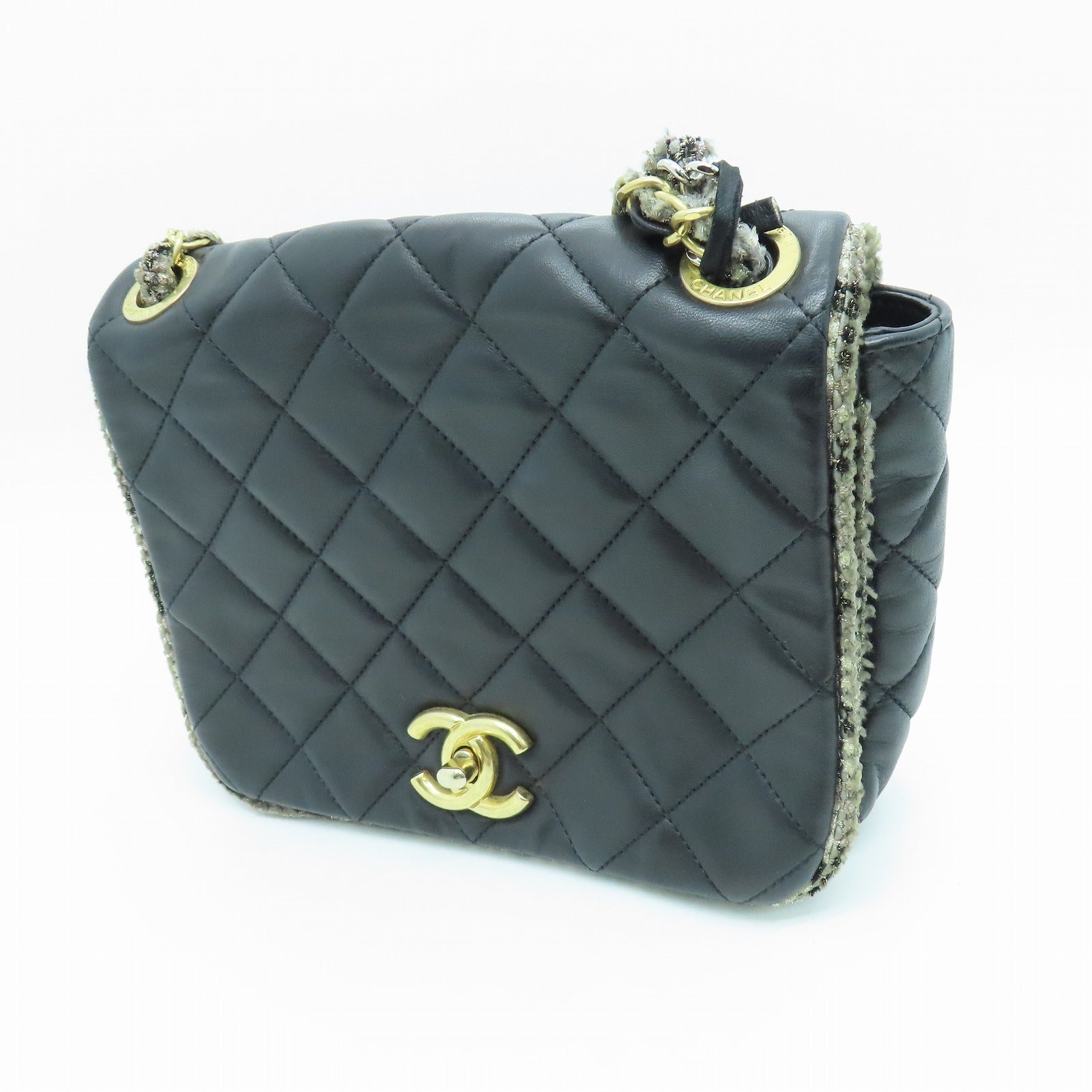 CHANEL 【激減優惠】菱格牛皮皮革Chain Shoulder金扣鏈帶肩背袋黑色