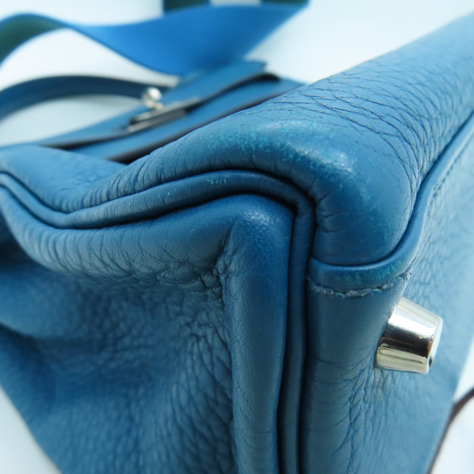 HERMES Clemence Leather Kelly32 Silver Buckle Handle Shoulder Backpack Bleu de Galice/Dark Blue