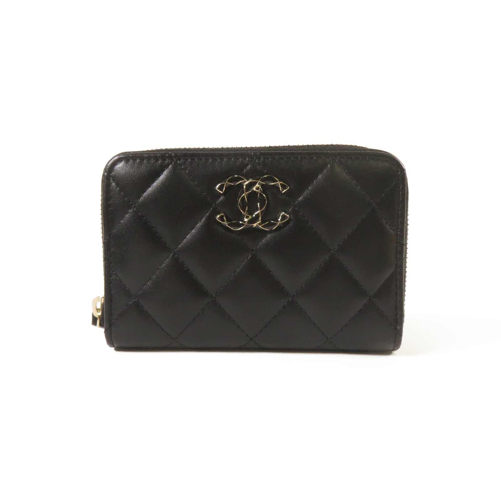 CHANEL 菱格羊皮皮革Zipper Wallet金扣錢包黑色