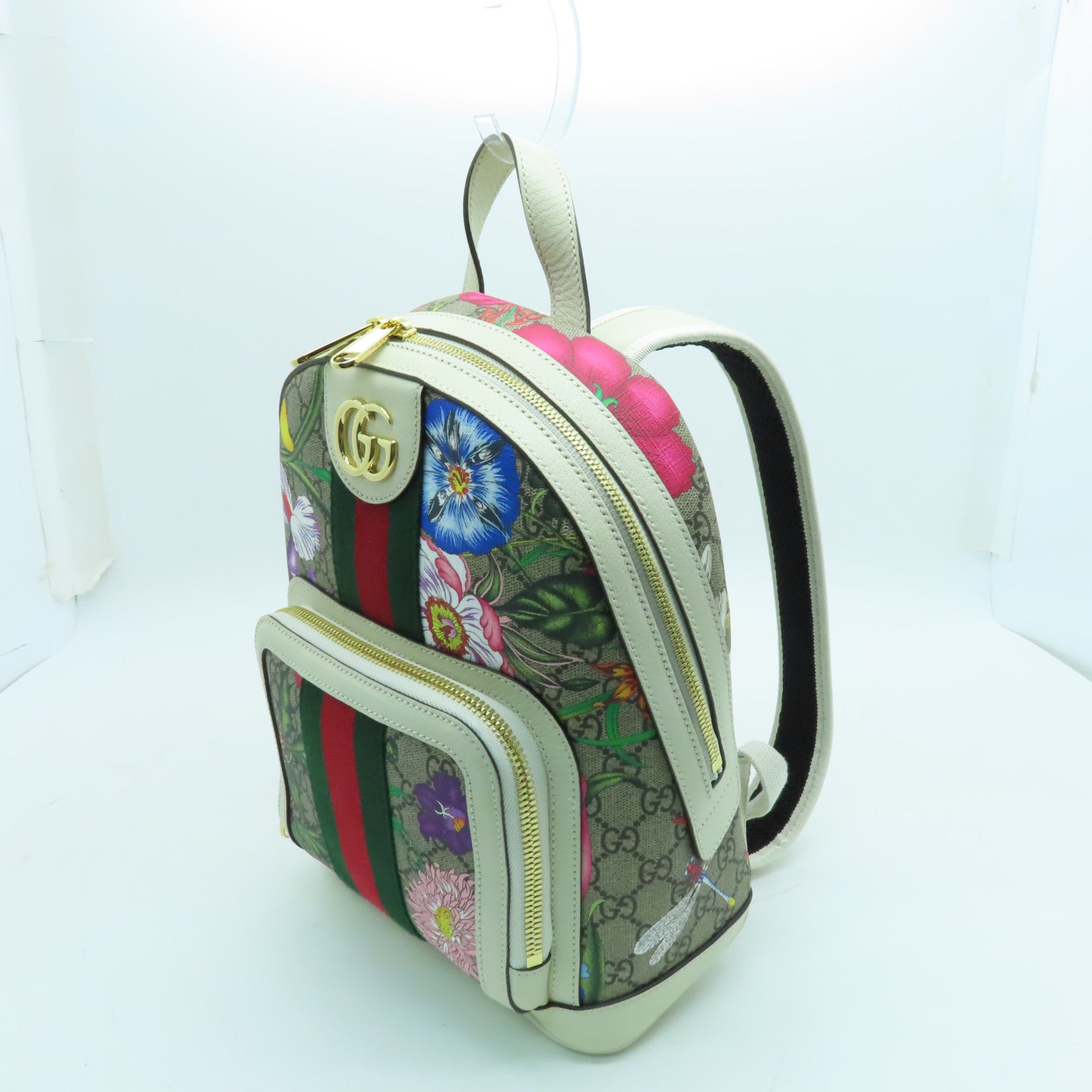 GUCCI 塗層帆布Ophidia GG Backpack銀扣背包米色/白色