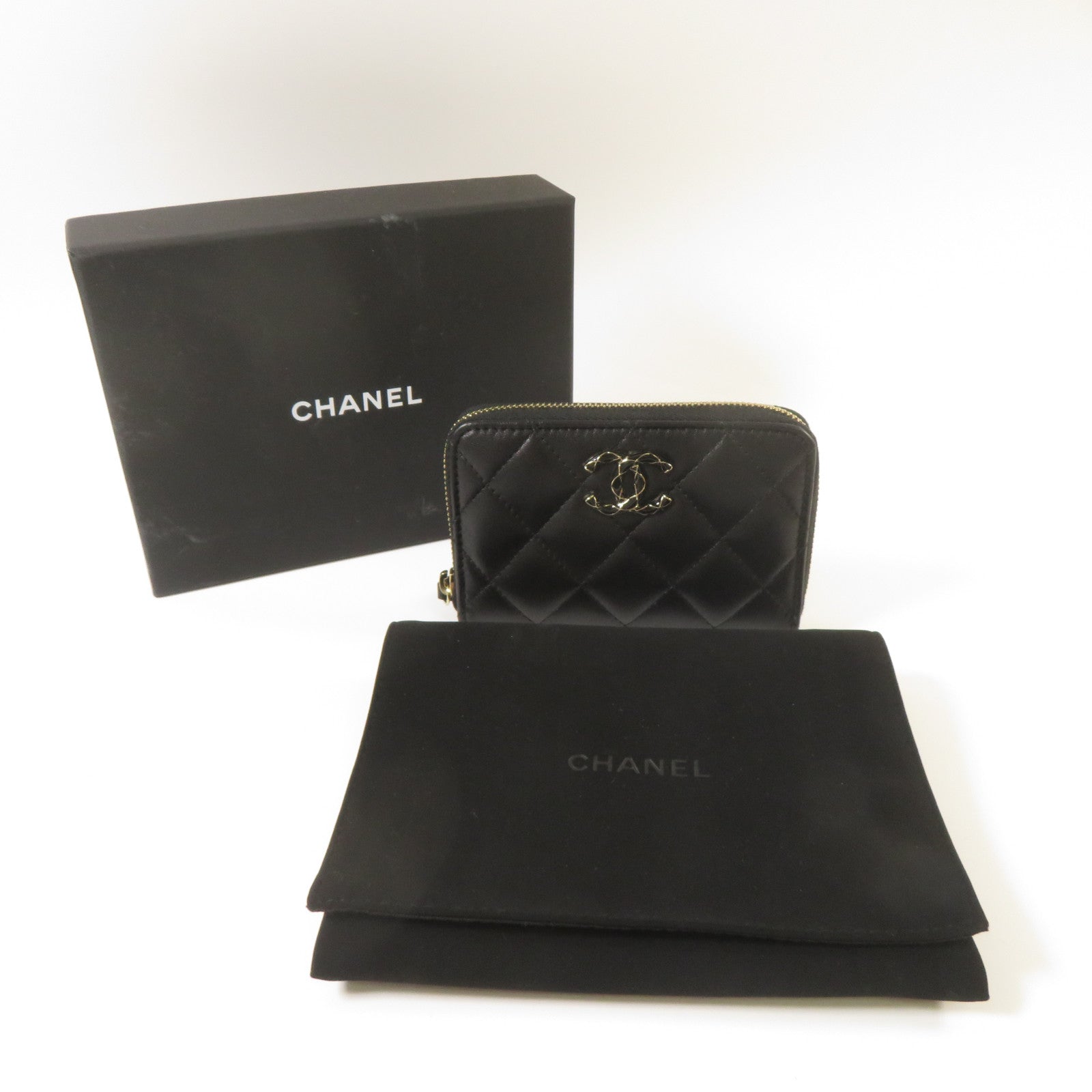 CHANEL 菱格羊皮皮革Zipper Wallet金扣錢包黑色