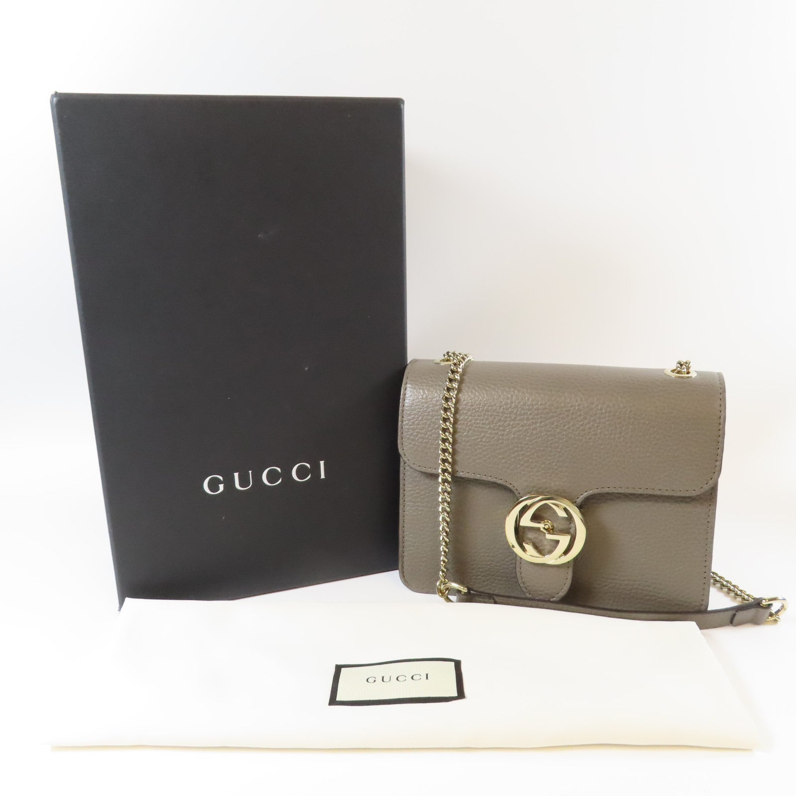 GUCCI 牛皮皮革Chain Shoulder金扣鏈帶肩背袋灰色