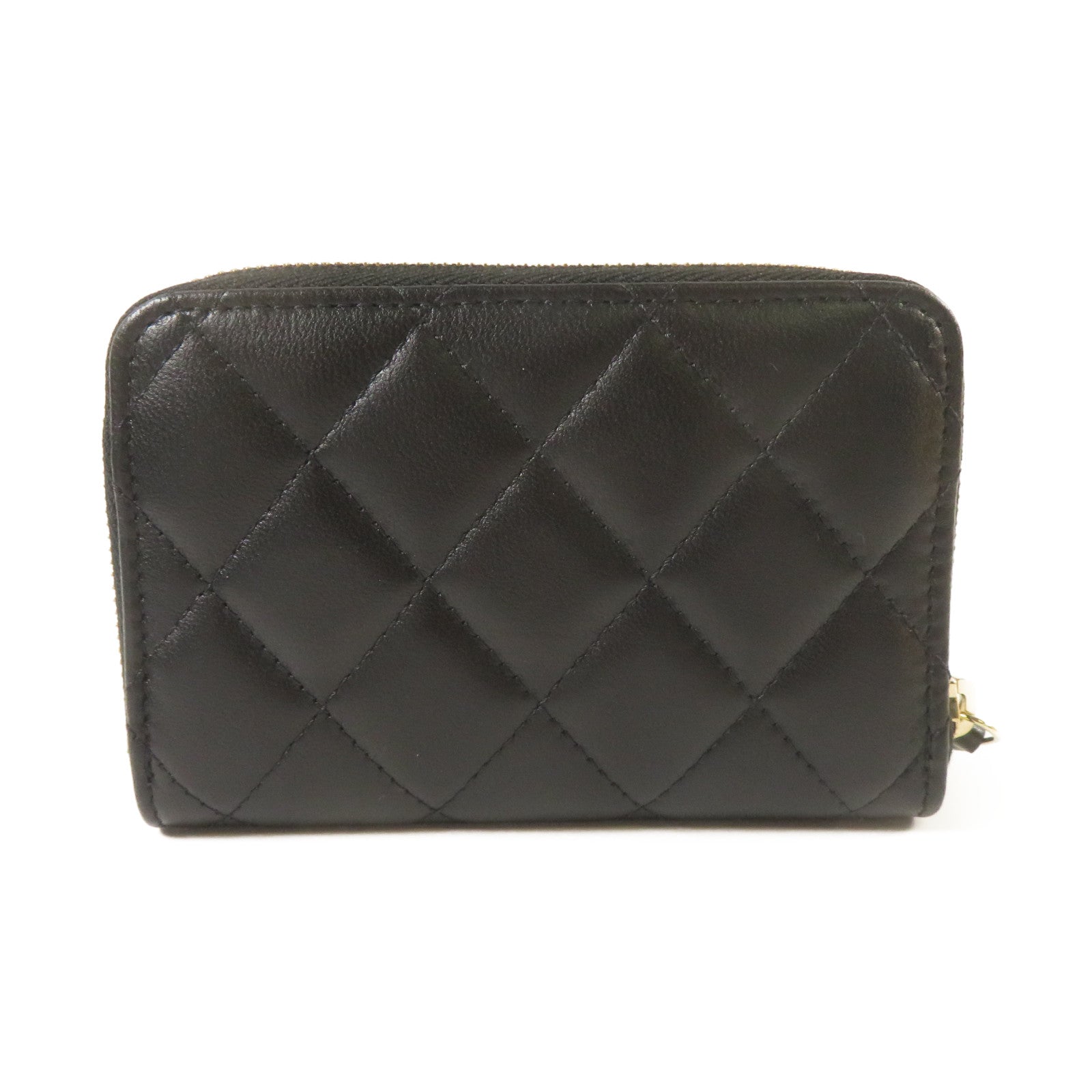 CHANEL 菱格羊皮皮革Zipper Wallet金扣錢包黑色