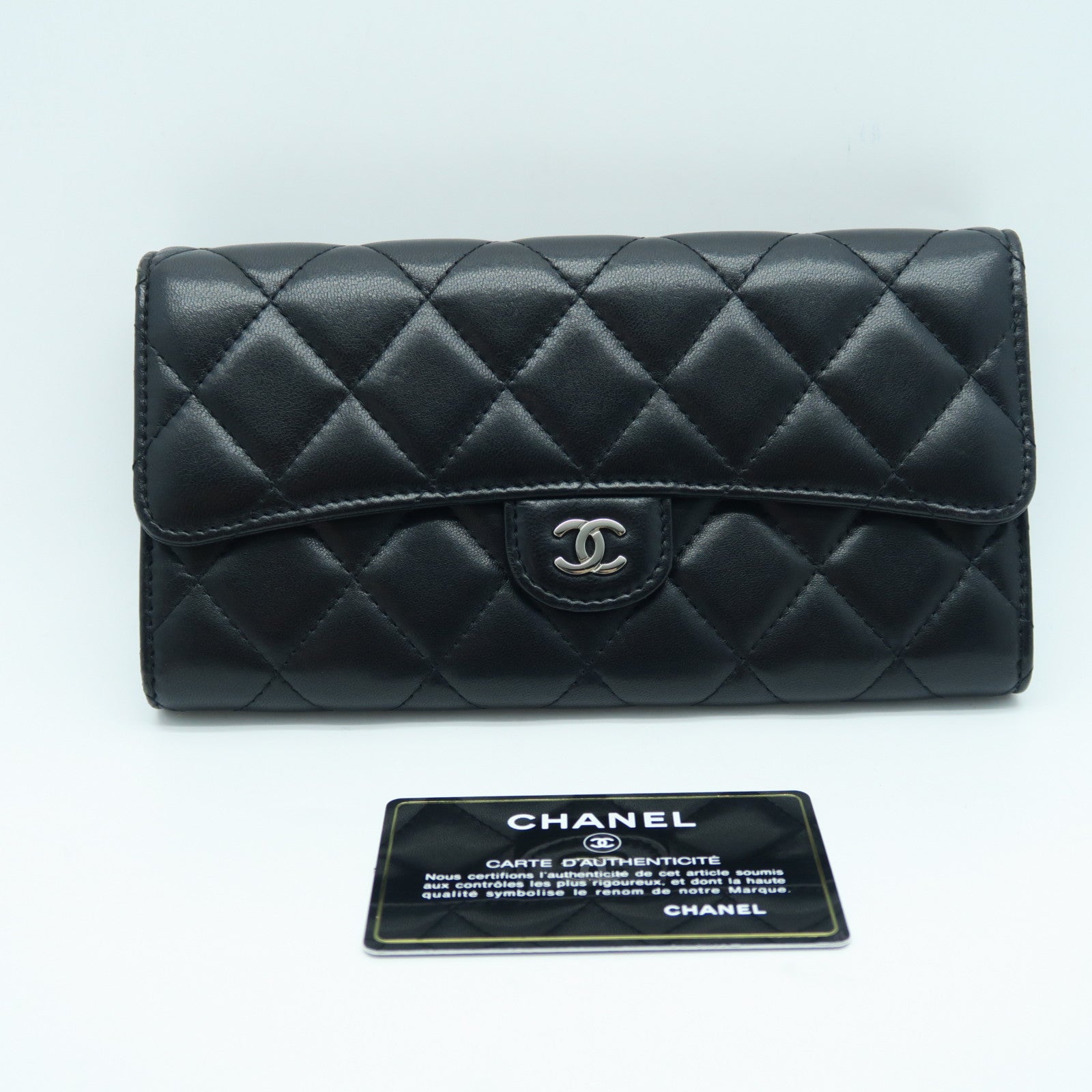 CHANEL 菱格羊皮皮革Long Wallet銀扣啪鈕長錢包黑色